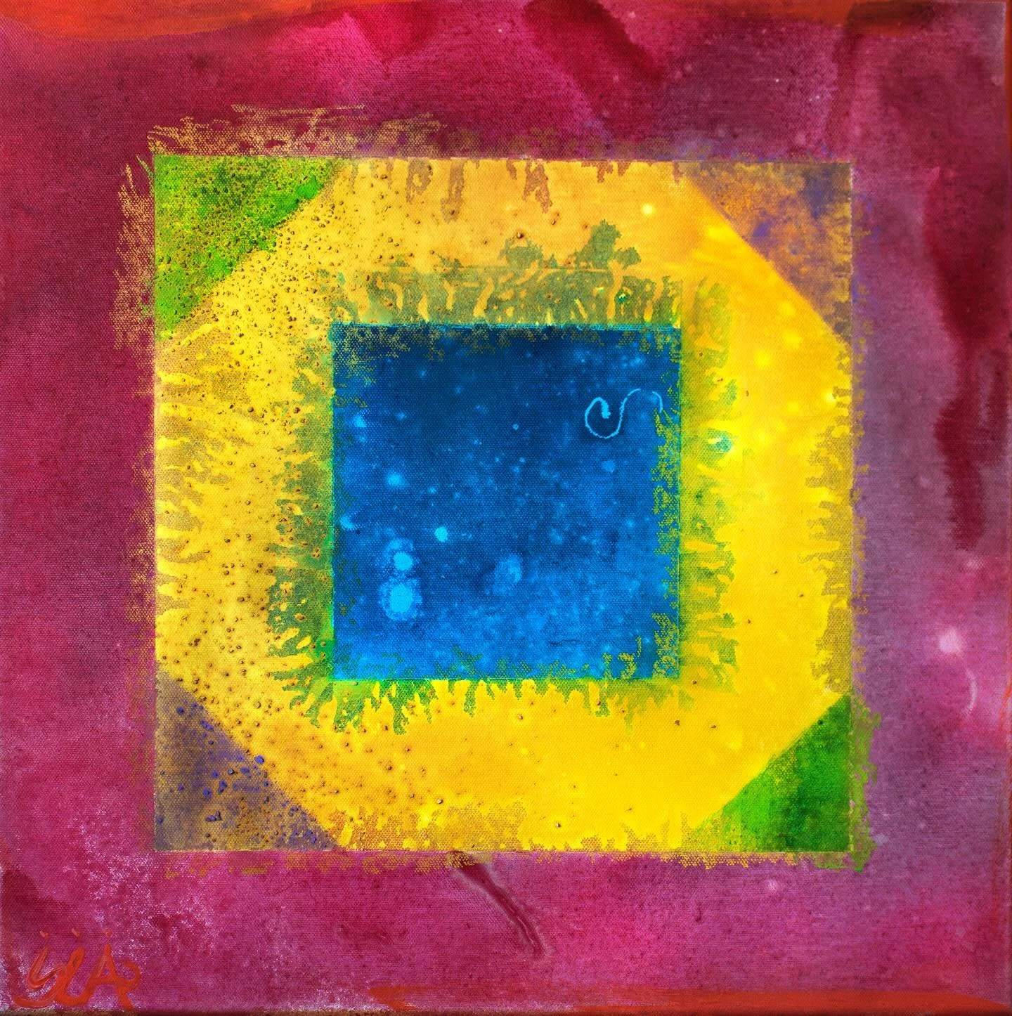 Life^2 (Life Squared).
18 x 18, circa January 2025. 
Acrylic, oil, rock, and blood.
Amoeba/Cells ➡️ Bone ➡️ Blood. 
Everybody has it but is it what you do with it that matters.