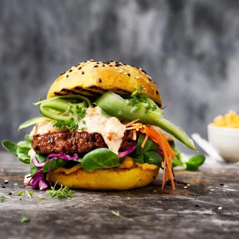 Chorizo burger on a toasted bun topped with fresh greens, sliced vegetables, and creamy sauce, served on a rustic surface.