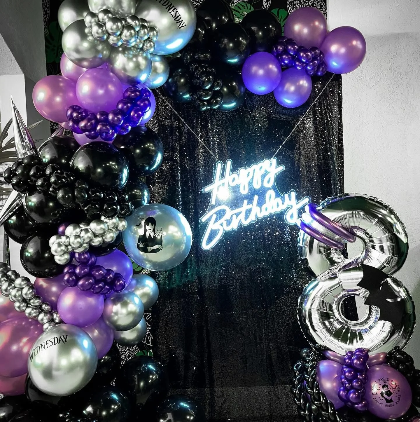 Embracing my inner Friday Addams vibes... 💀🎈 Ready to kick off this long weekend in style! Who&rsquo;s joining us? #FriYay #GothicGlam

Themed Balloon Garland plus themed one digit balloon bouquet paired with our Glittery Backdrop Rental + Happy Bi
