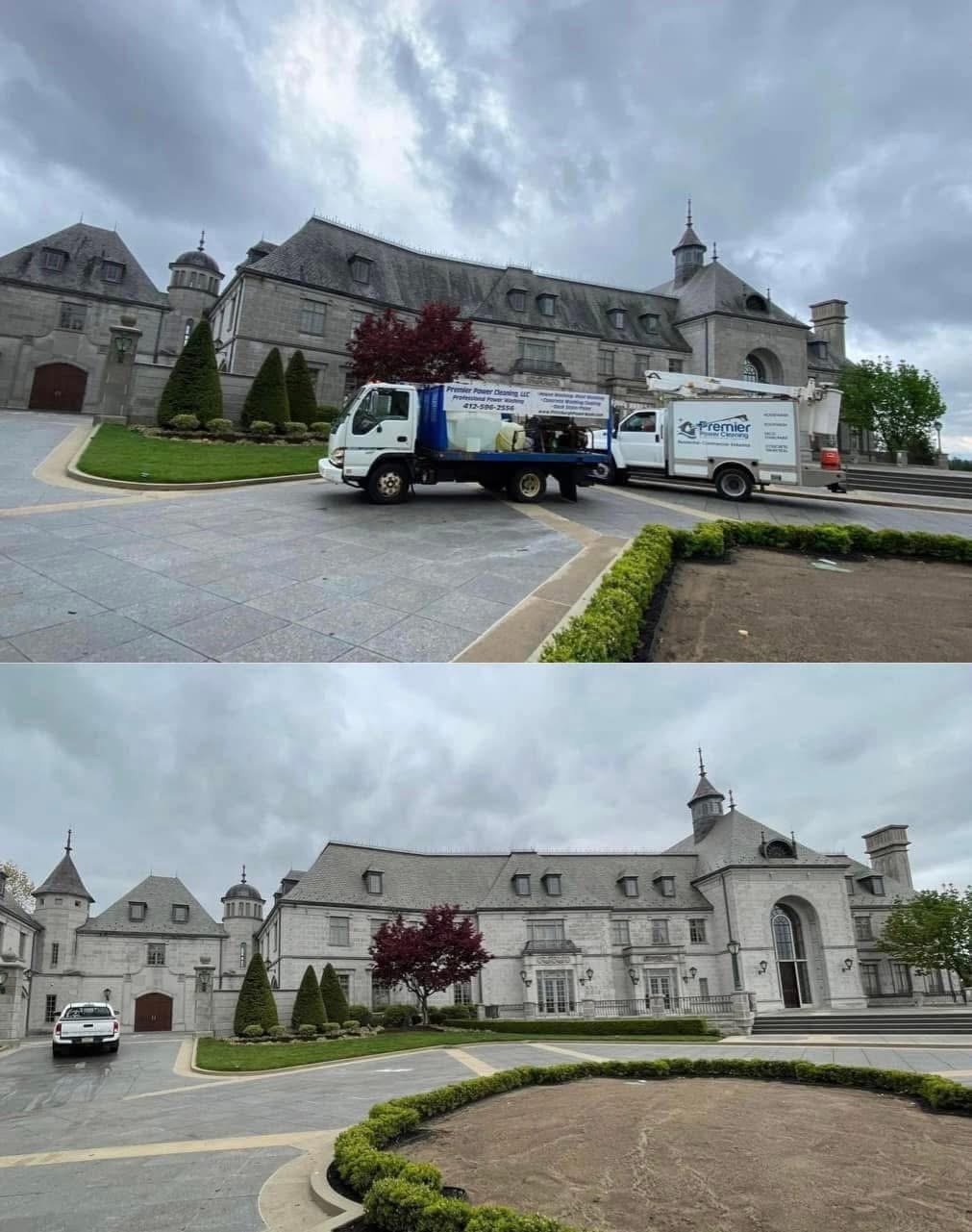 Image comparison showing a large stone mansion with a parking lot in front. The top photo depicts service trucks parked near the house, while the bottom photo shows the same scene with the trucks removed, revealing a landscaped front yard with bushes and a tree.