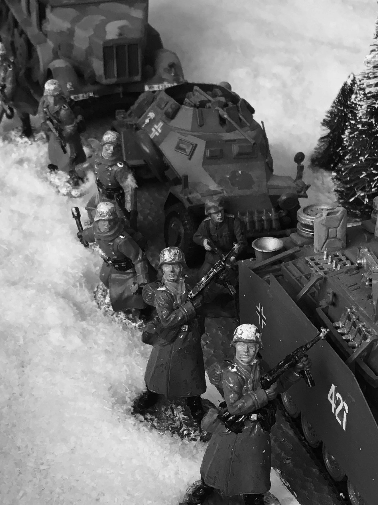 Exhausted soldiers trudge east through deepening snow—momentum fading with each frozen mile.