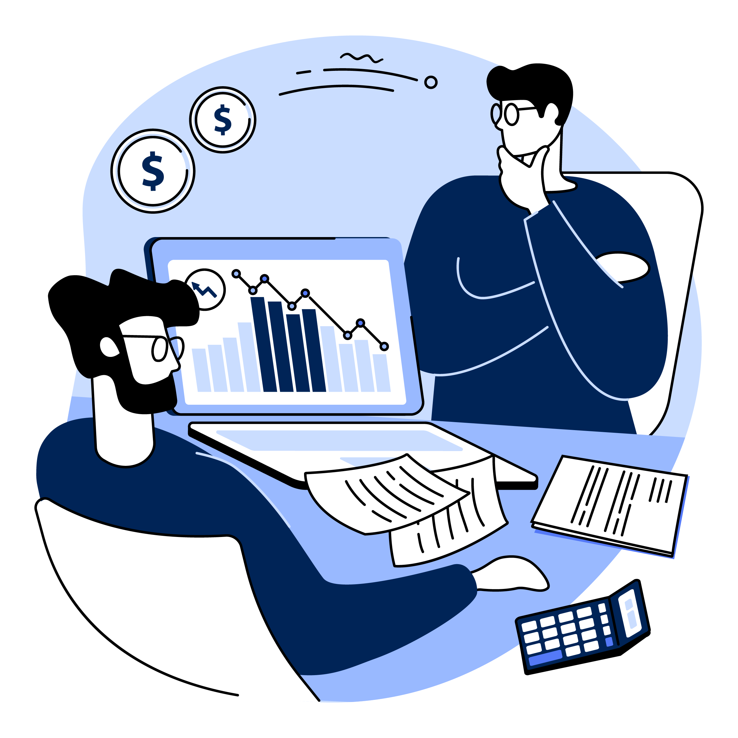 Two men involved in a financial discussion, one sitting at a desk with a laptop showing a declining graph, the other standing and thinking. Financial documents, a calculator, and dollar signs are also visible.