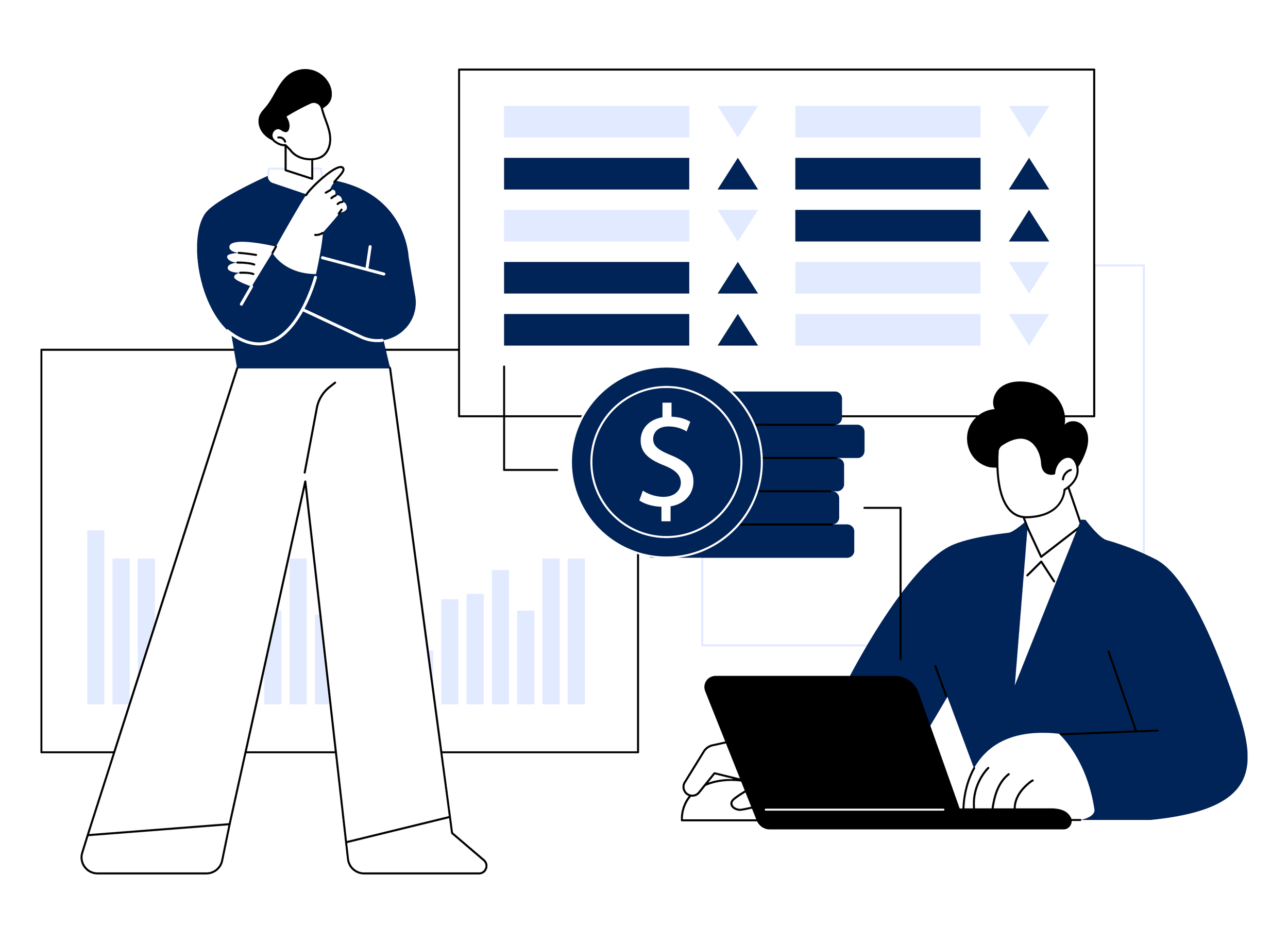 Illustration of two business professionals discussing financial charts and data on screens, with a dollar sign and stacked coins indicating financial topics.
