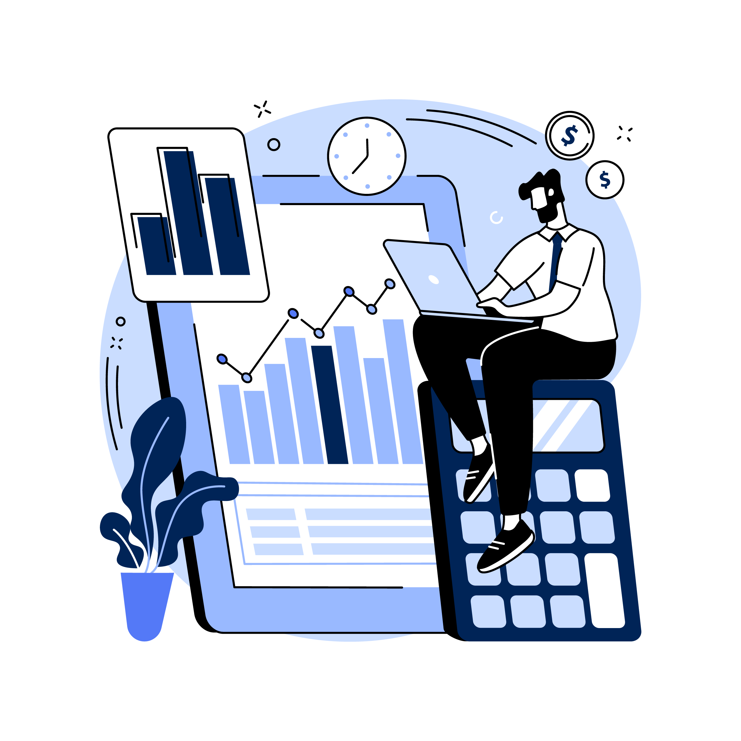 Illustration of a man working at a desk with charts and graphs on paper, a laptop, a large calculator, and a potted plant, with a clock and dollar signs in the background.