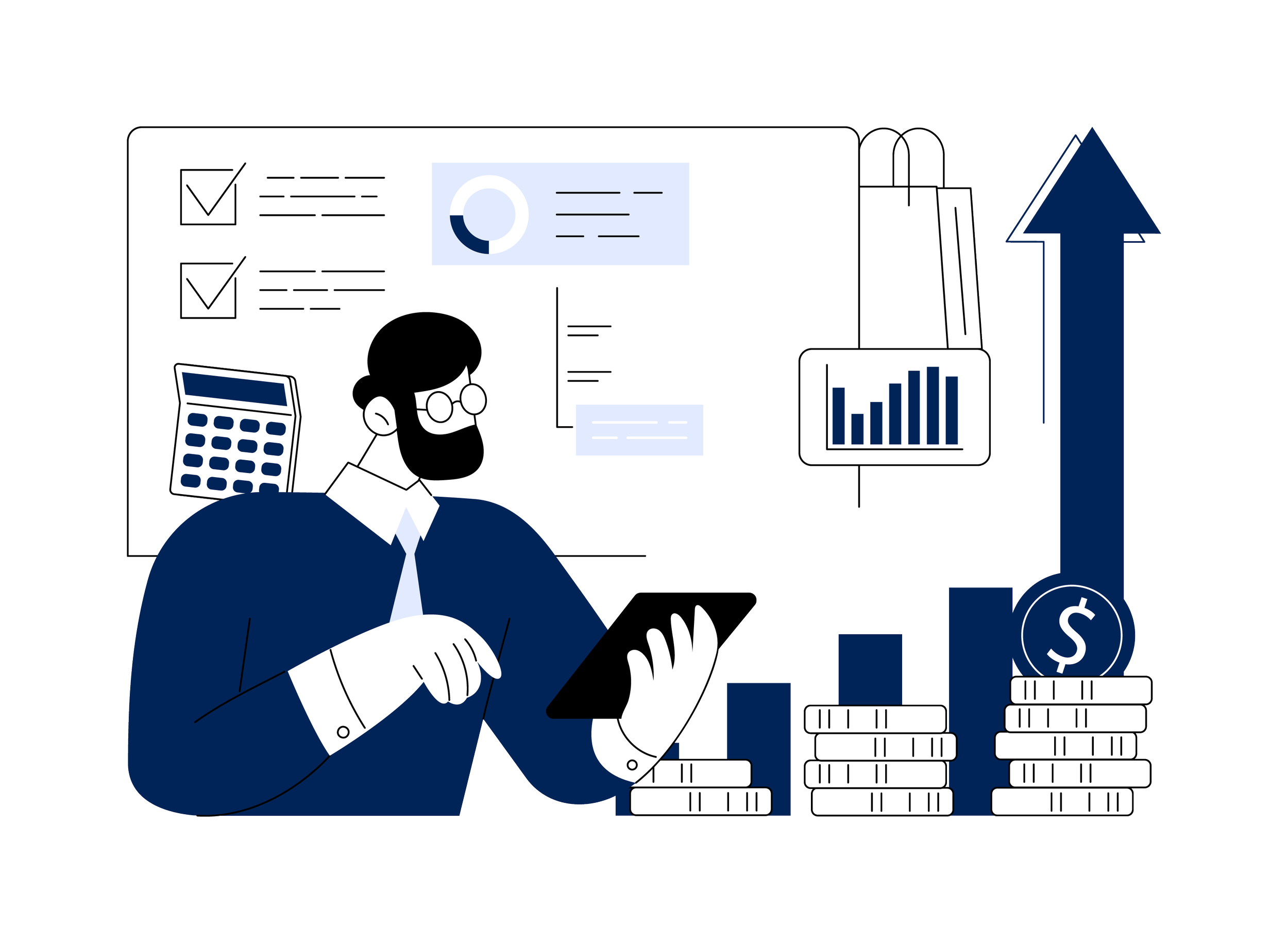 Illustration of a man in a suit looking at a tablet, surrounded by stacks of coins, a dollar sign, a graph with an upward arrow, a calculator, and financial charts on a board, representing financial growth and investment.