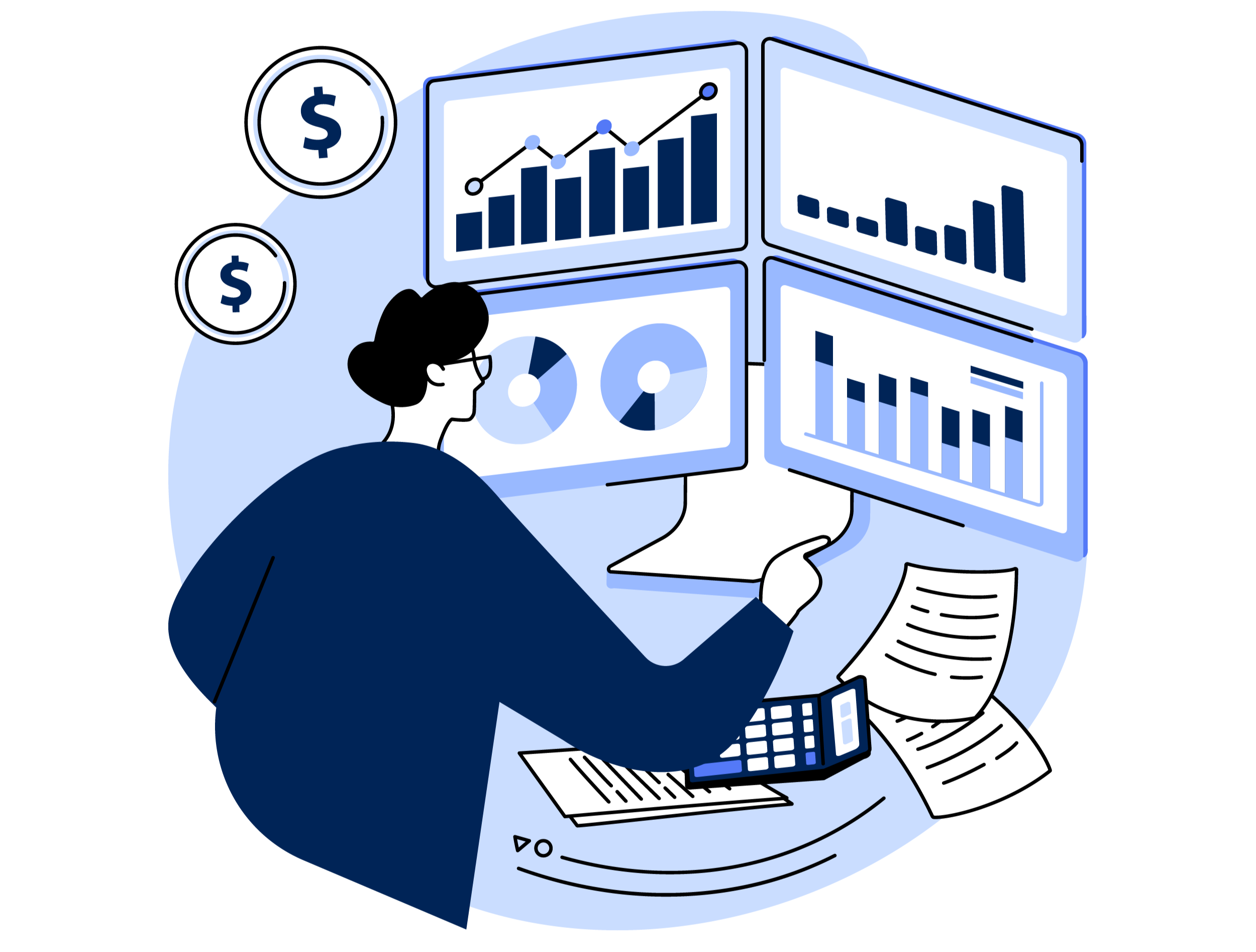Person analyzing financial data on multiple computer screens with charts, graphs, and financial symbols.