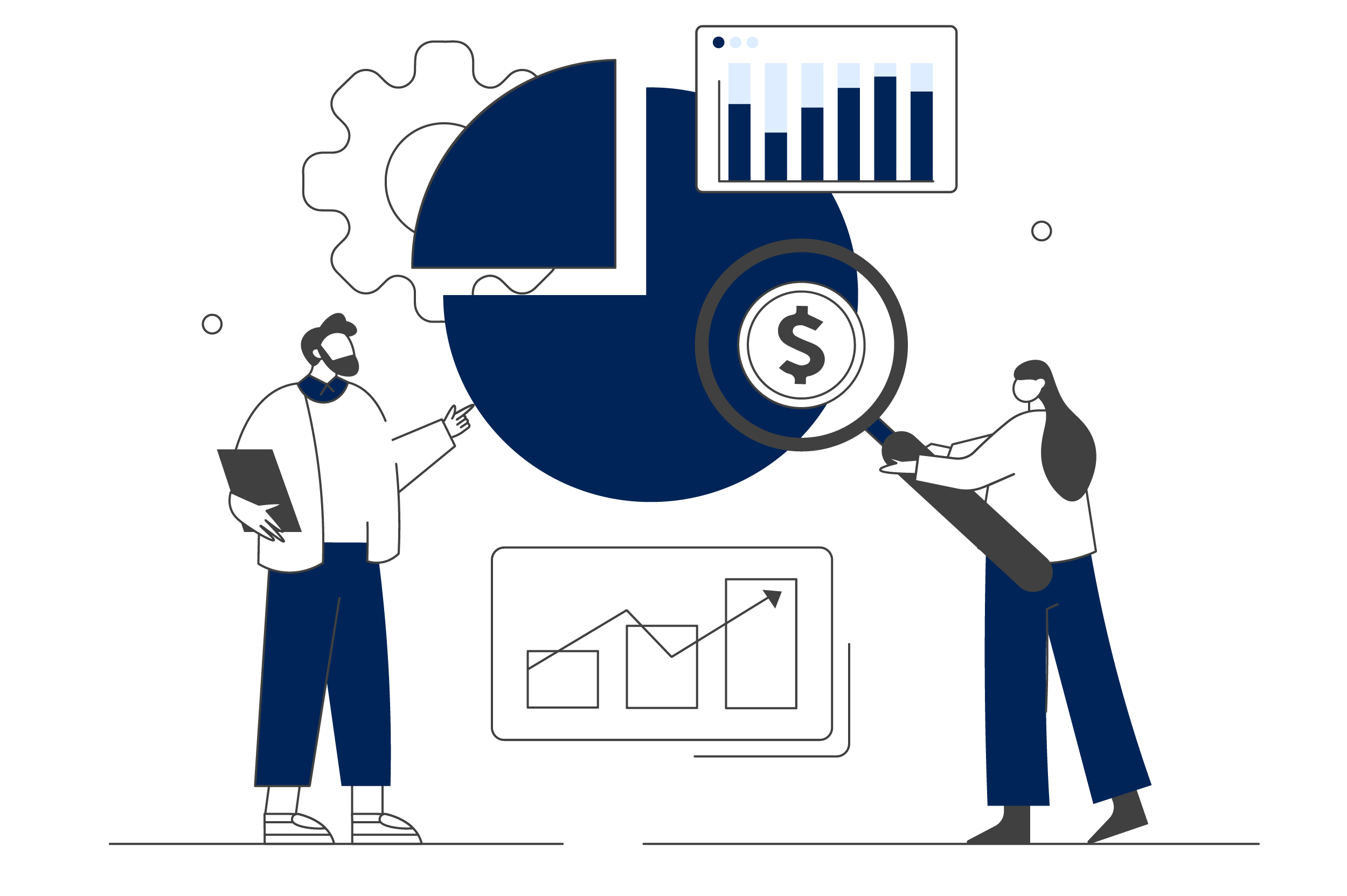 Illustration of two business people analyzing financial data with charts, graphs, and a magnifying glass, focusing on monetary growth and financial analysis.