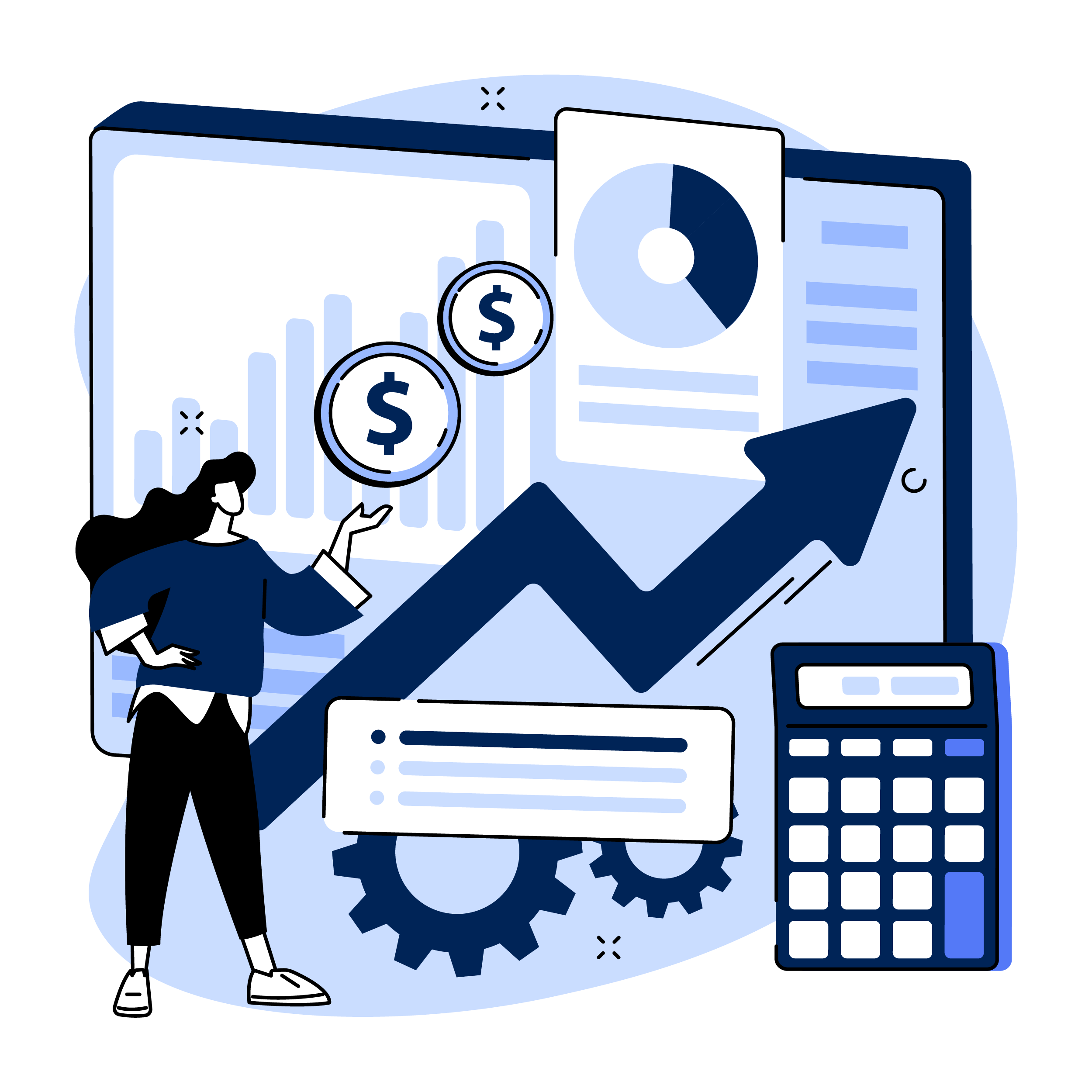 Illustration of financial growth with a woman pointing at a rising arrow chart, surrounded by dollar signs, graphs, a pie chart, gears, and a calculator.