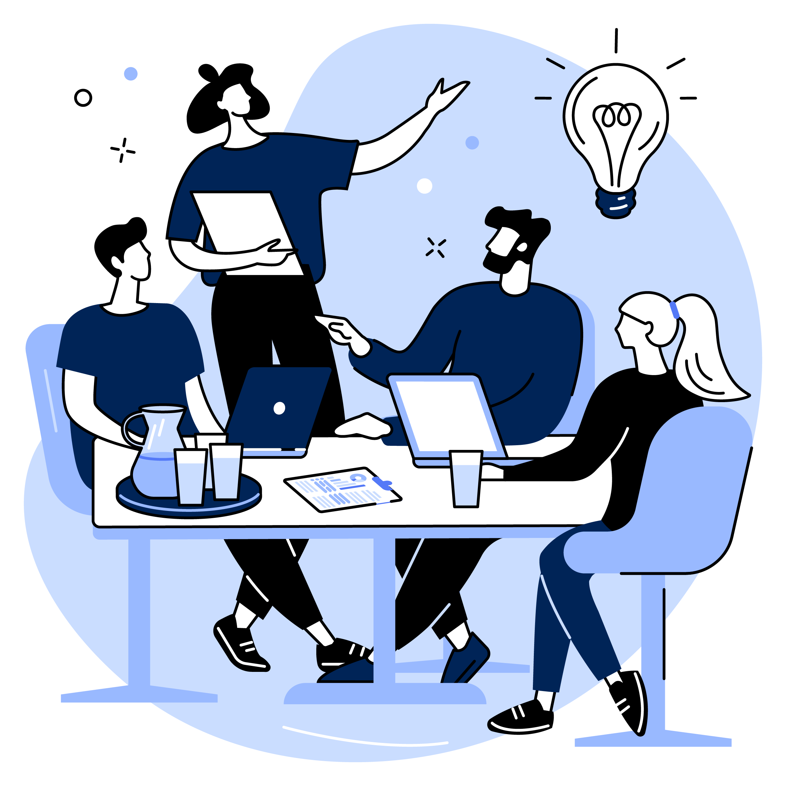 Illustration of four people in a meeting discussing ideas, with laptops, documents, and drinks on the table, and a light bulb above symbolizing an idea.