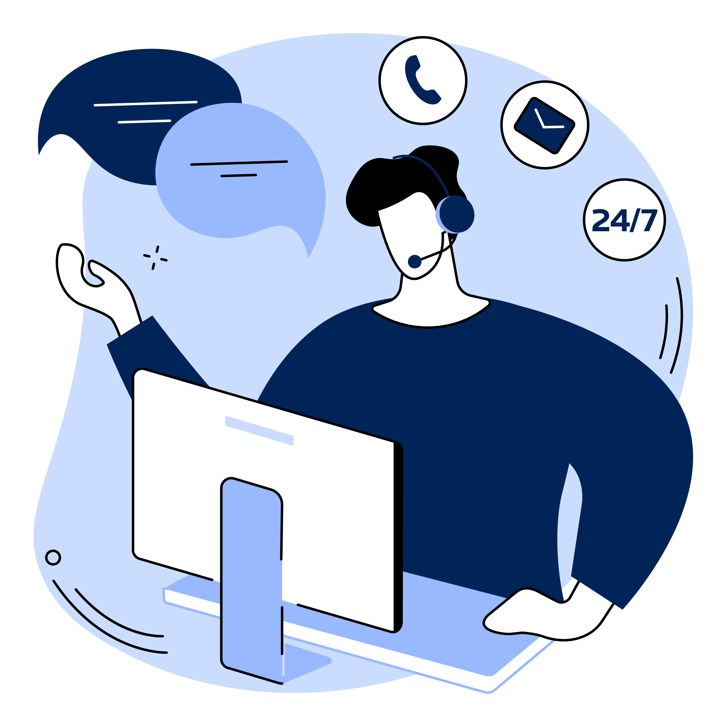 Illustration of a customer service representative wearing a headset, sitting at a desk with a computer, surrounded by chat bubbles and icons for phone, email, 24/7 service, representing customer support.