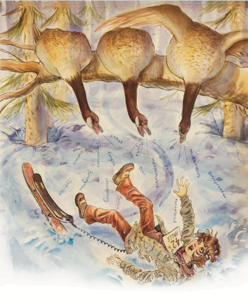 Snowskate Spelling-Bee, mixed media illustration