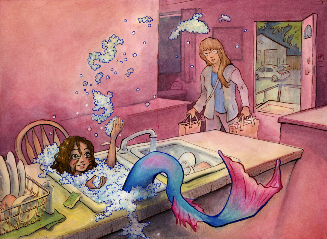 Kitchen Mermaid, watercolor ink illustration