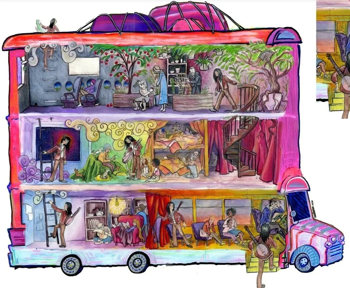 Colorful illustration of a reality breaking multi-level bus, depicting a young musician traveling through many rooms and engaging in various activities like reading, playing instruments, working, and relaxing in different rooms..