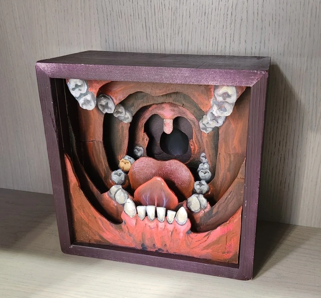 Say AW, Shadow box mouth health acrylic paint and wood