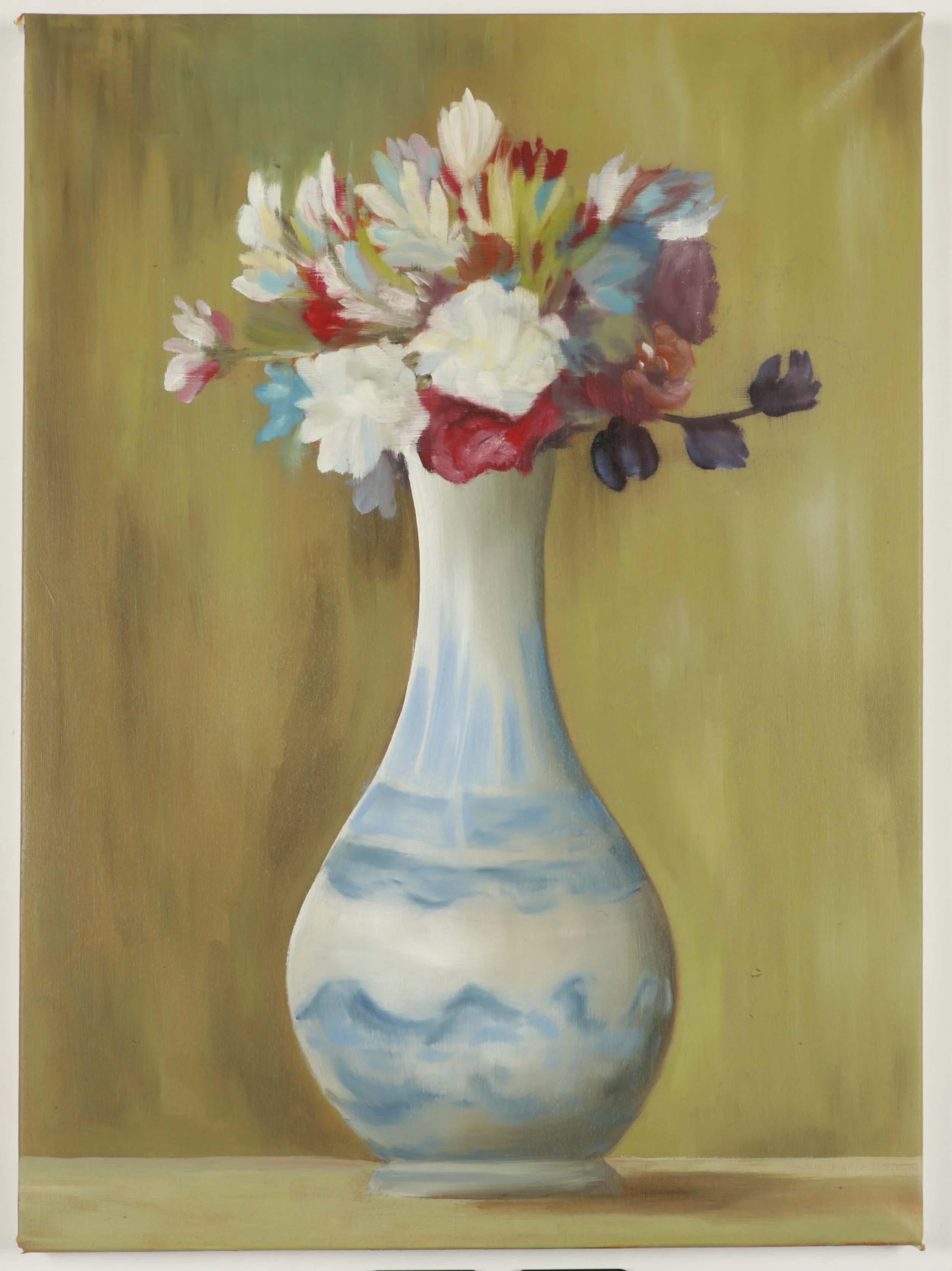 Painting of a bouquet of colorful flowers in a blue and white vase with a cloudy sky pattern, against a muted green background.