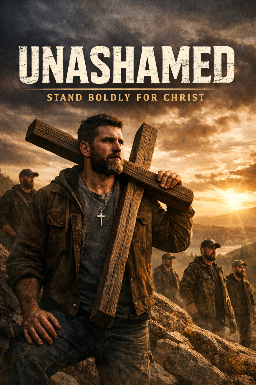 A group of men dressed in rugged outdoor clothing, with one man carrying a wooden cross on his shoulder during sunset in a rocky terrain, with a dramatic cloudy sky in the background.