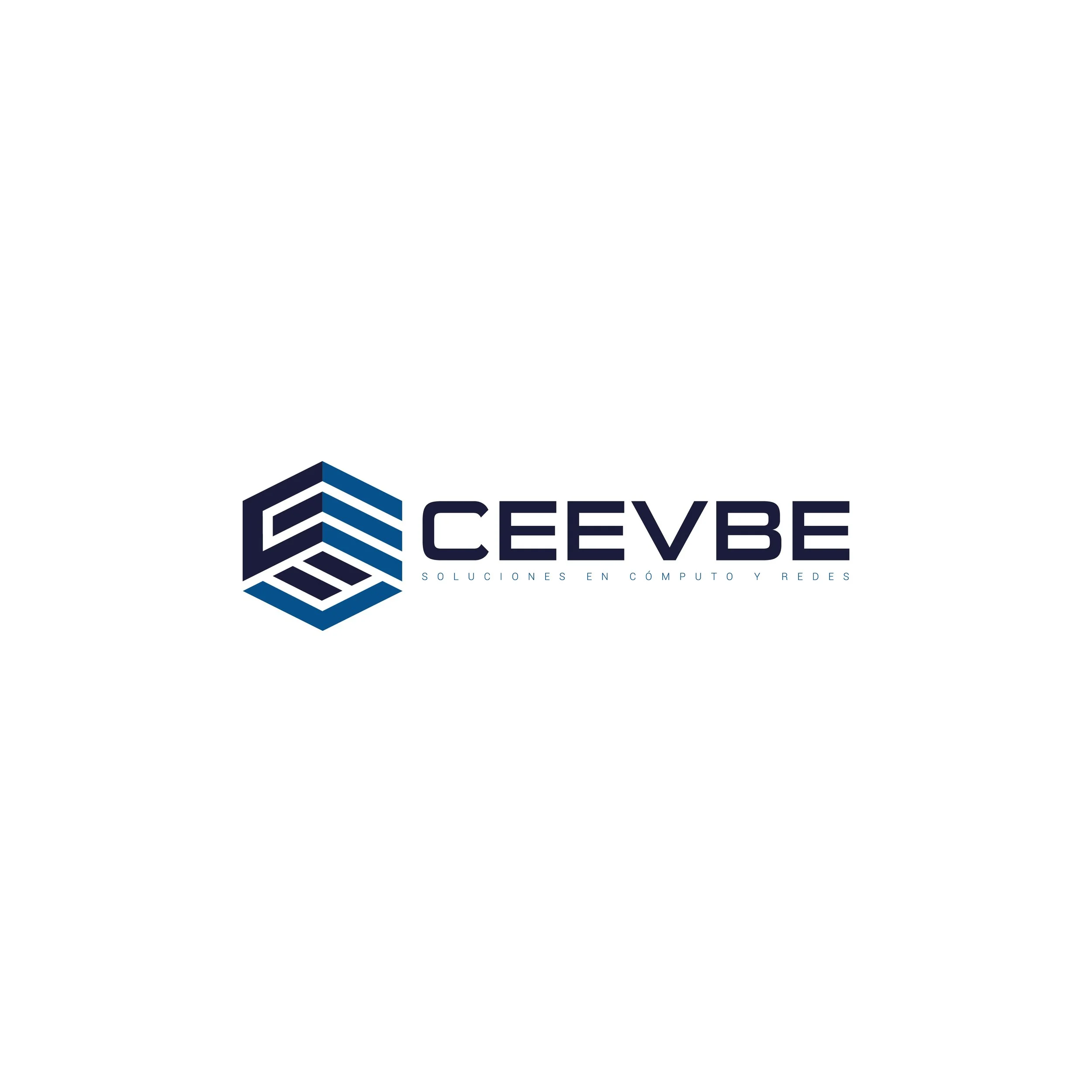 Logotipo de CEEVBE, soluciones en computo y redes, color azul y blanco, diseño geométrico tridimensional