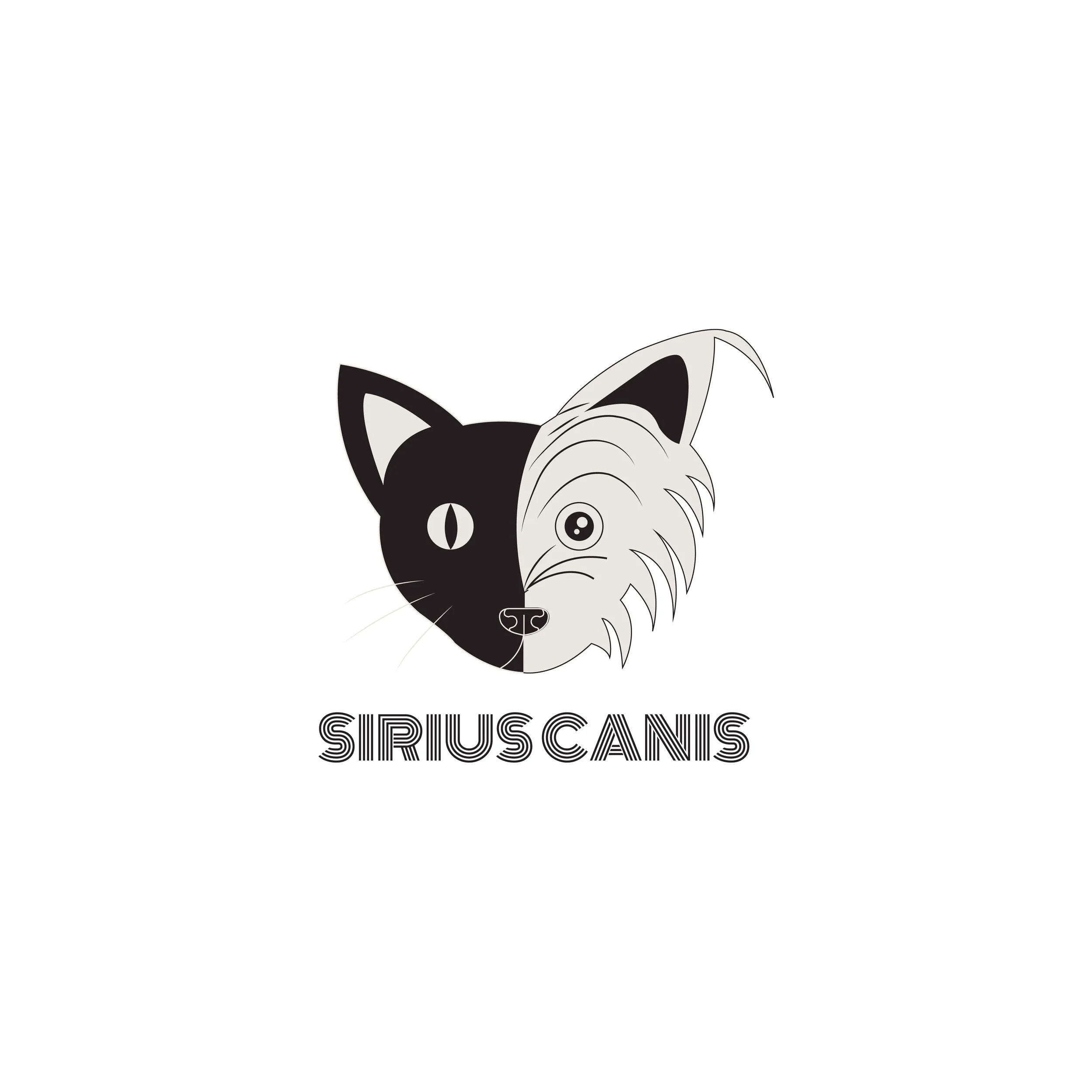 Logo con la cara de un gato dividido en dos estilos, uno en negro y uno en gris detallado, y el texto 'SIRIUS CANIS' en la parte inferior.
