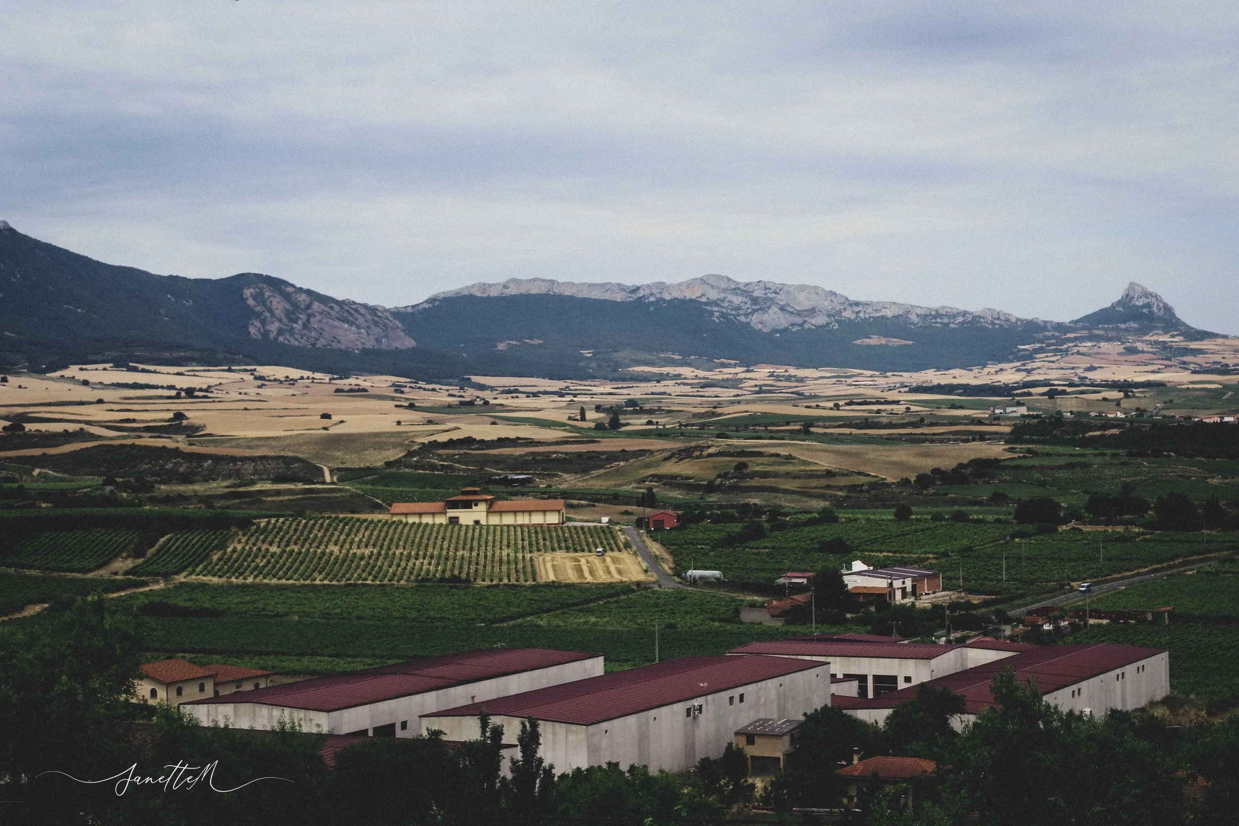 Paisaje agrícola con campos verdes, edificios, montañas y cielo nublado.