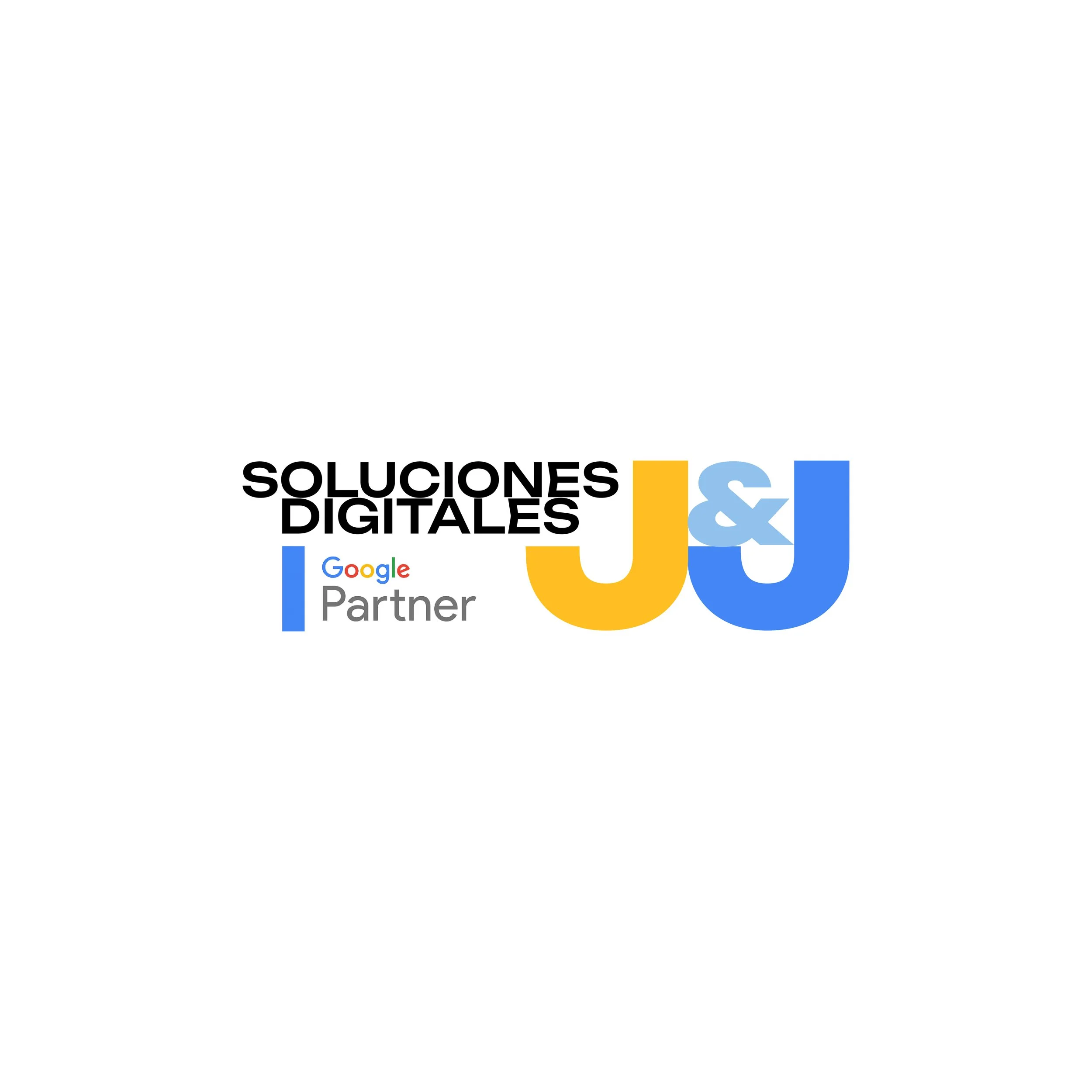 Logotipo de Soluciones Digitales J&J con el texto 'Google Partner' debajo, en colores negro, azul, amarillo, rojo y gris en fondo blanco.