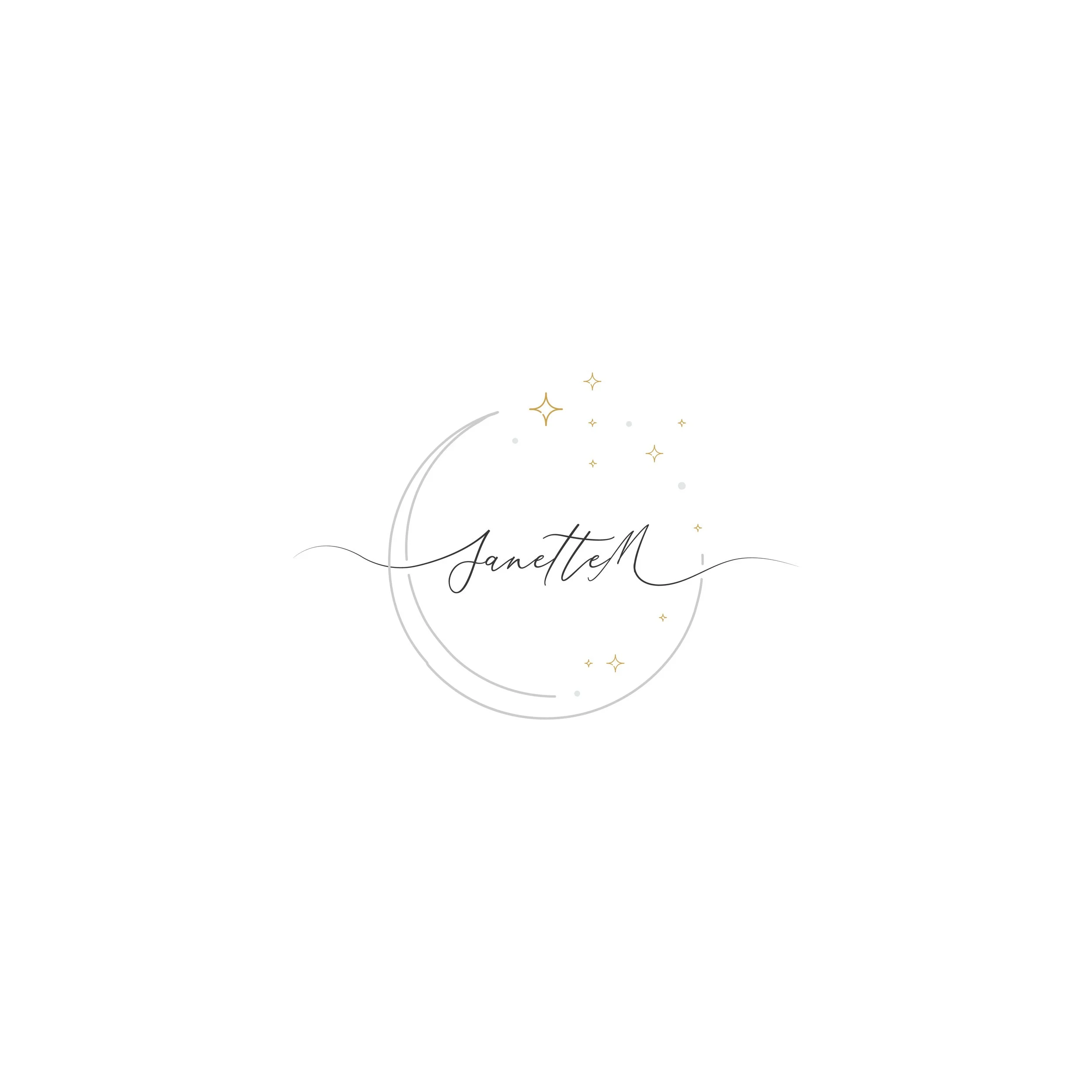 Diseño elegante con estrellas doradas y plateadas y la palabra 'JanetteM' en letra cursiva en el centro.