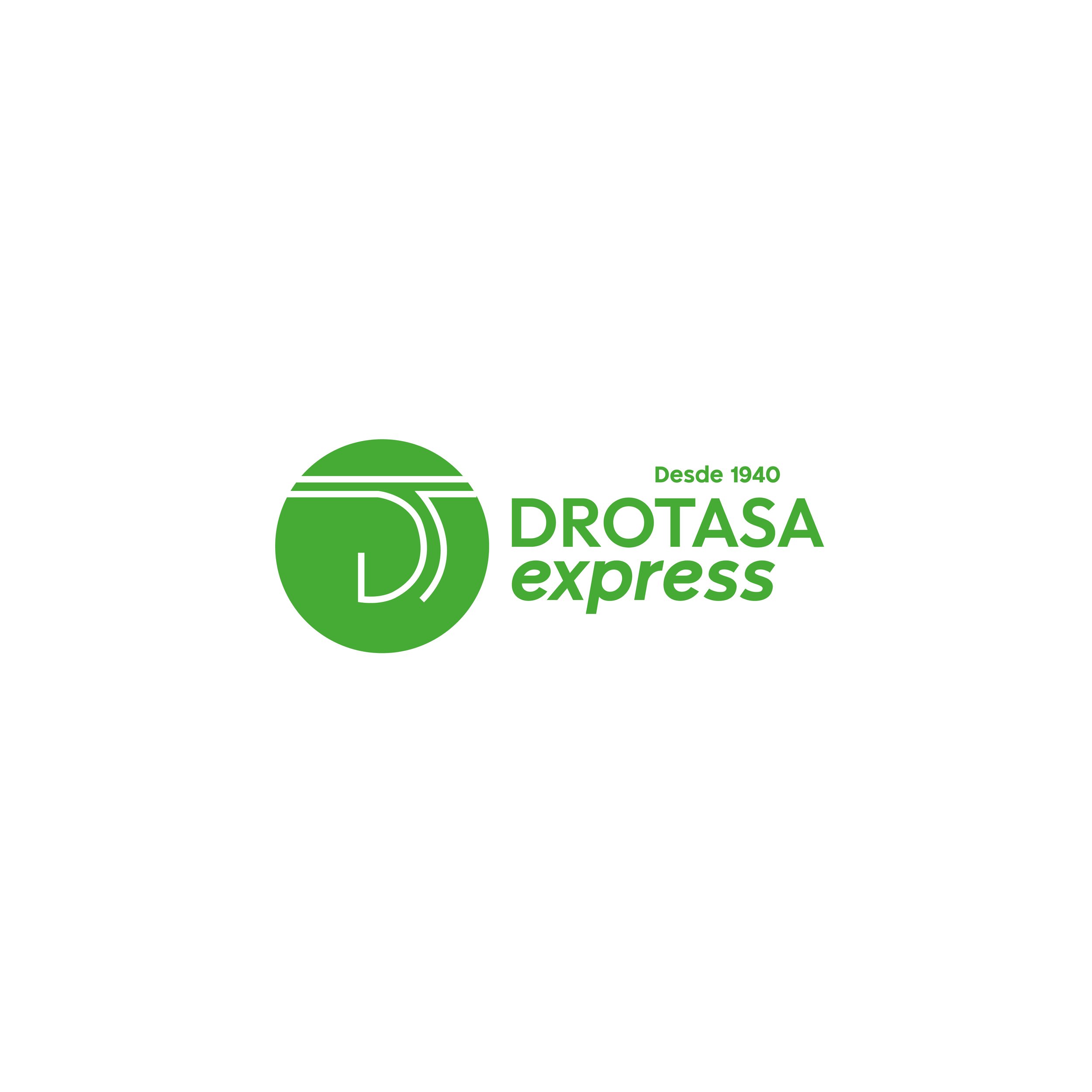 Logotipo de DROTASA express, con un círculo verde y el diseño de una carretera, acompañado del texto en verde 'Desde 1940 DROTASA express'.