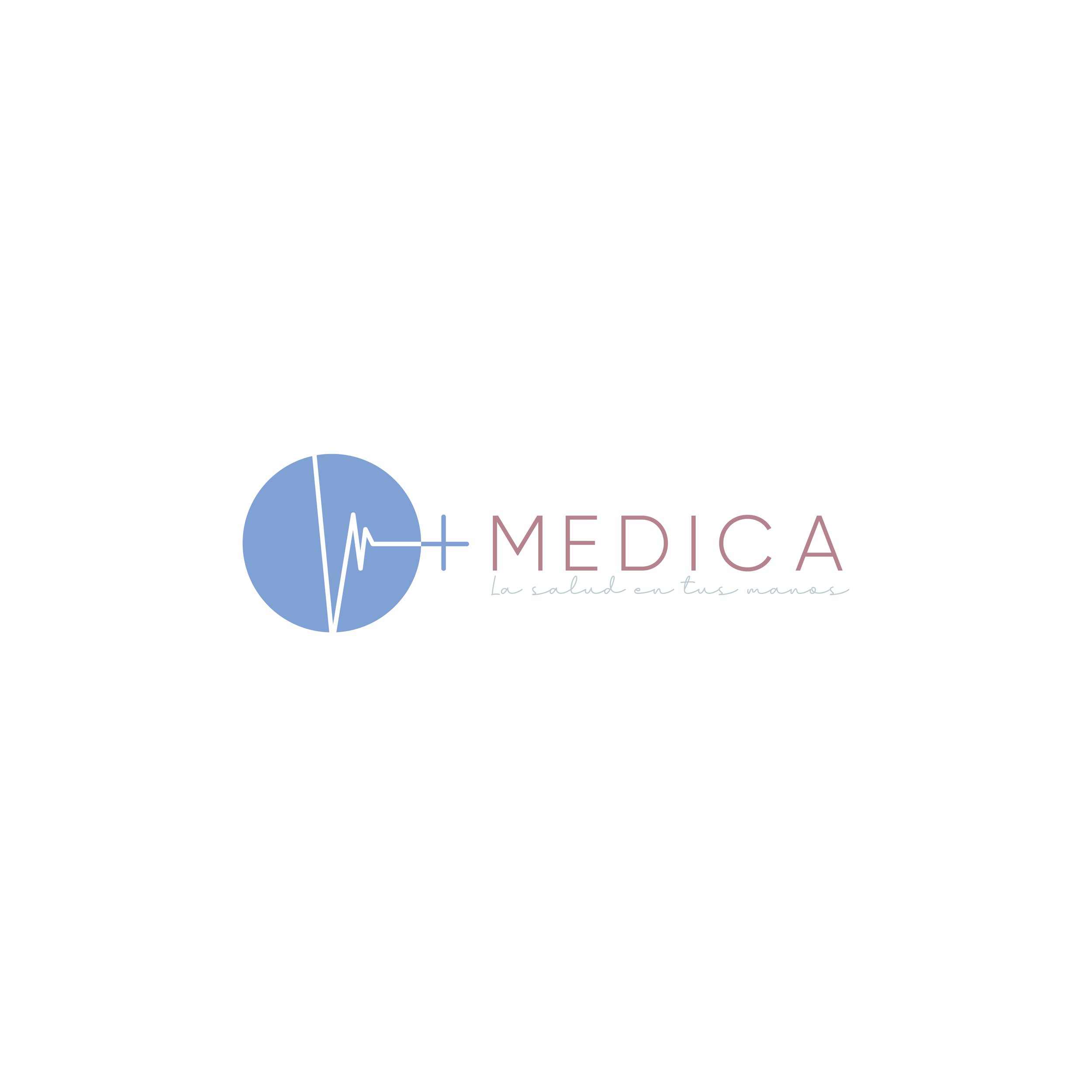 Logotipo con un círculo azul y una línea de electrocardiograma en su interior, seguido de la palabra 'MÉDICA' en letras grandes y color rosa, y la frase 'La salud en tus manos' en letra cursiva más pequeña debajo.