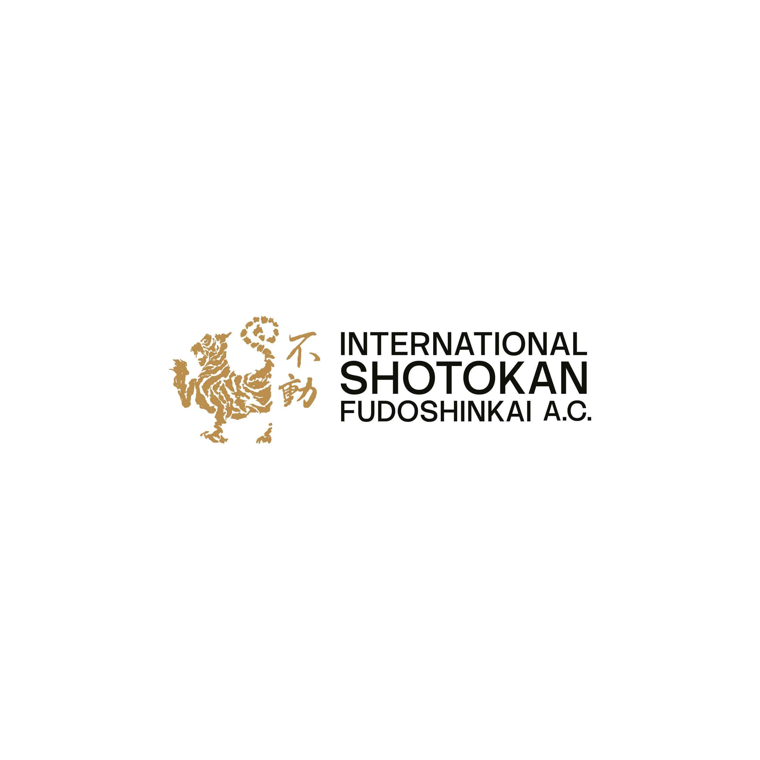 Logo del International Shotokan Fudoshinkai A.C., con un tigre dorado y caracteres en japonés.