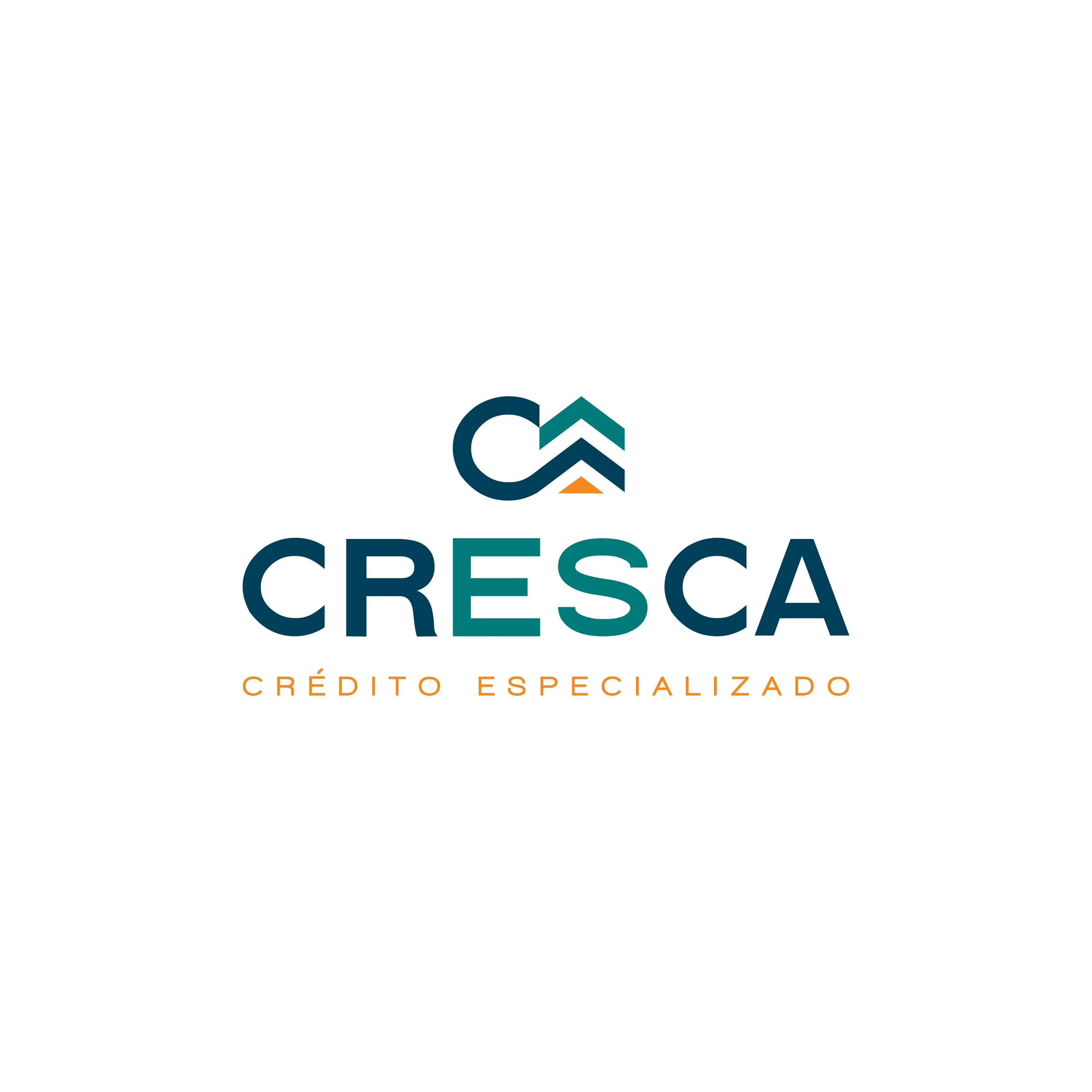 Logo de Cresca con un diseño de líneas y letras en tonos azules y naranjas, que incluye la palabra 'CRESCA' y la frase 'Crédito Especializado' abajo.