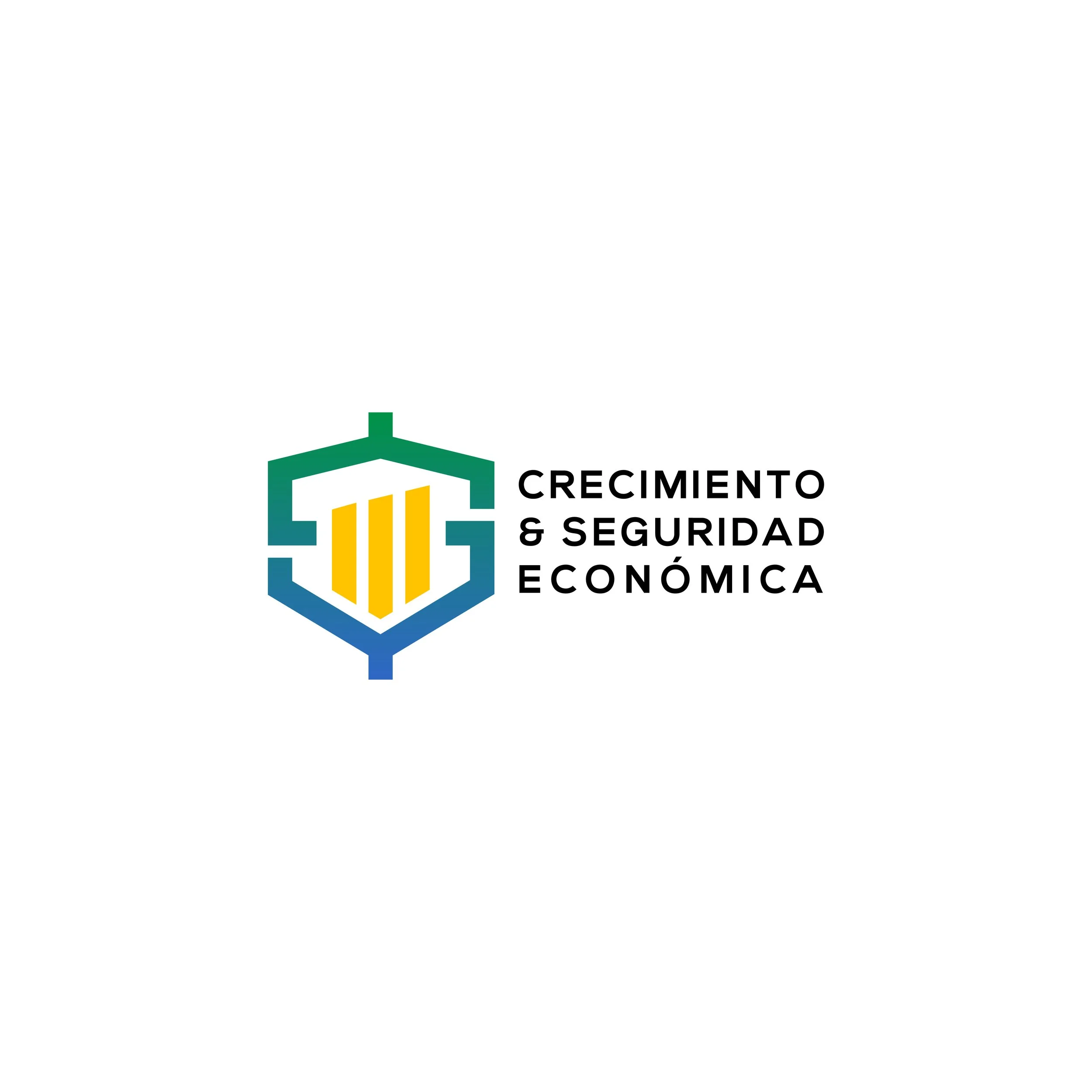 Logotipo con un escudo y barras doradas en el centro, con texto en español a la derecha que dice 'Crecimiento & Seguridad Económica'.