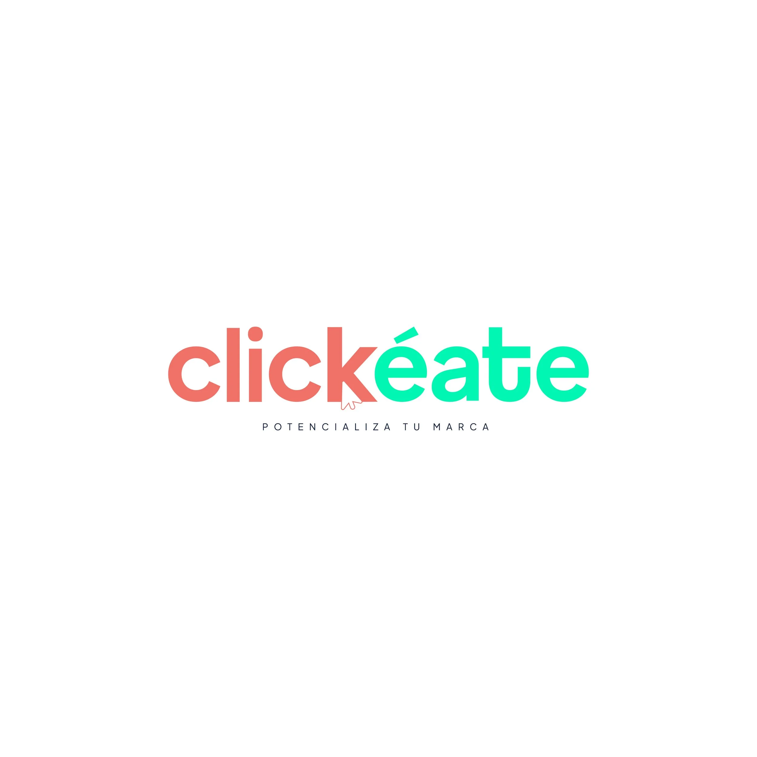 Texto que dice 'clickéate', con el lema 'Potencializa tu marca' debajo, en colores rojo y turquesa, sobre fondo blanco.