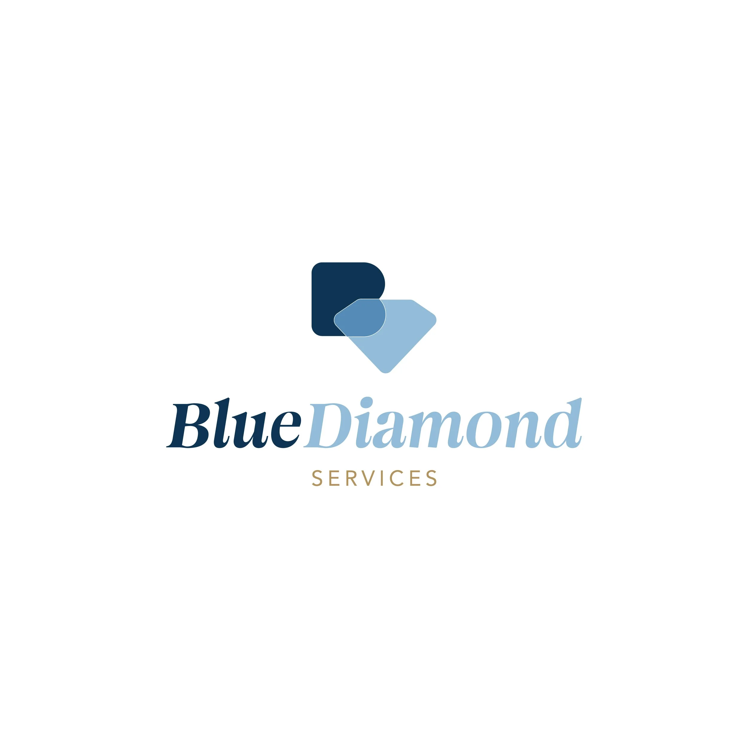 Logo de Blue Diamond Services con un diamante azul y texto en diferentes estilos y colores.