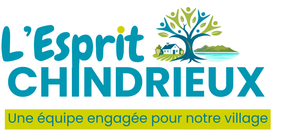 Logo avec le texte "L'Esprit Chindrieux" et une image d'arbre stylisé avec des feuilles colorées, une maison, et un lac, accompagnée du slogan "Une équipe engagée pour notre village" en bande jaune.