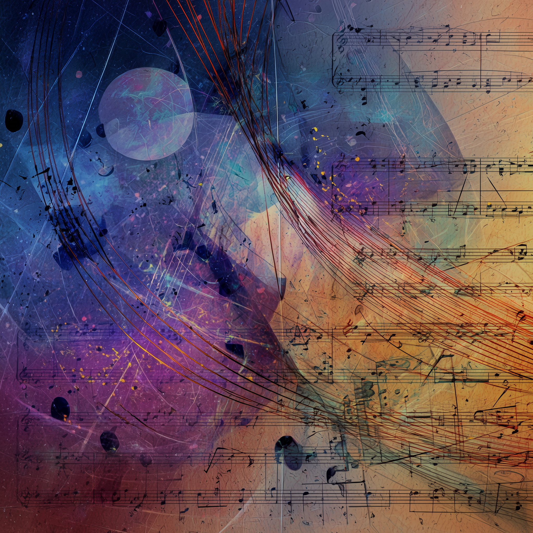 Abstract digital artwork blending music notes and colorful cosmic background with streaks of red and purple.