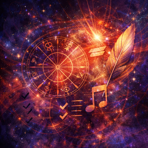 A cosmic background with a zodiac wheel, a feathered quill, musical notes, and checkmarks.