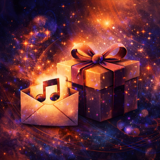A glowing space-themed background with a gift box wrapped in a ribbon and an open envelope containing a musical note