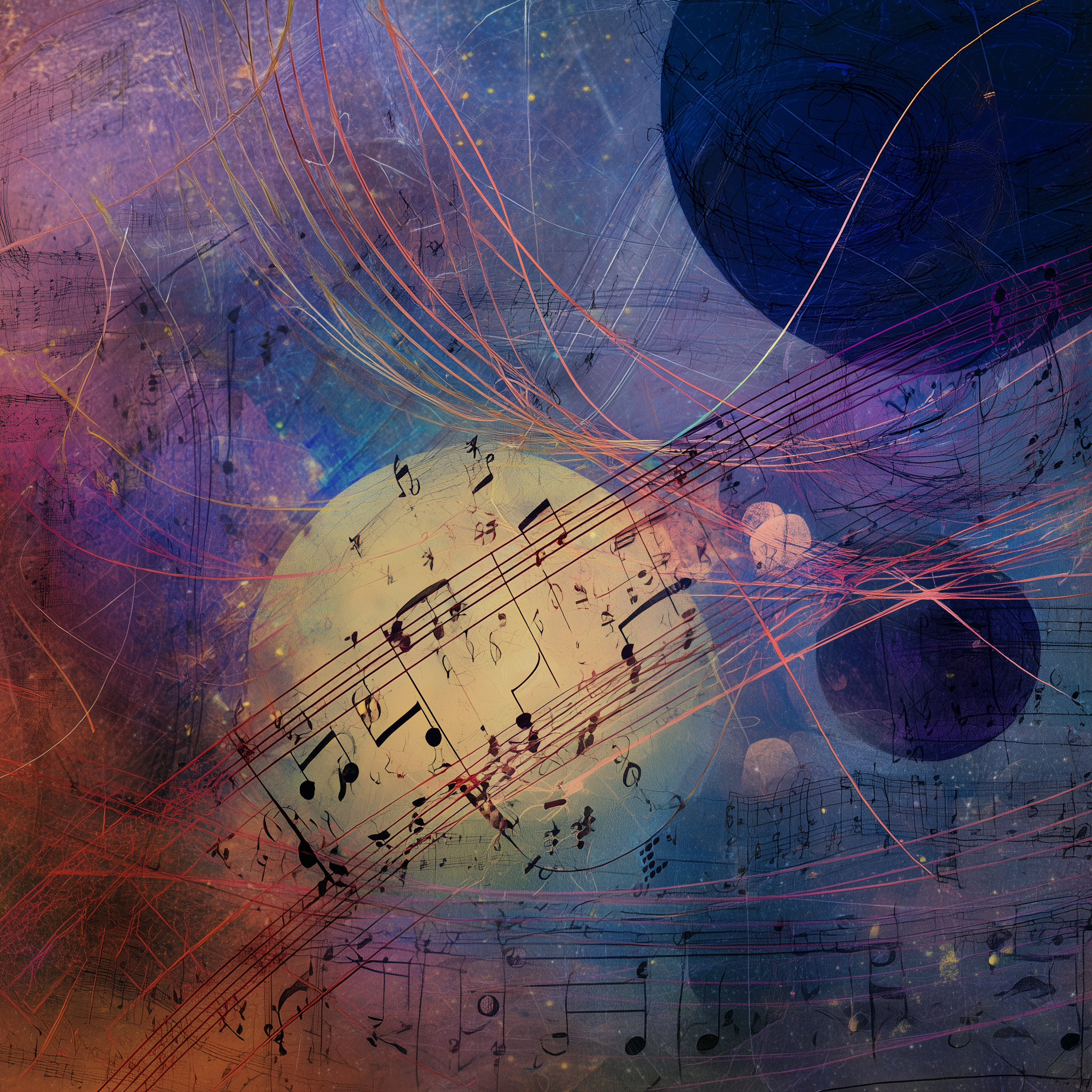 Abstract digital art featuring musical notes, sheet music, and swirling lines with colorful, cosmic-like background.