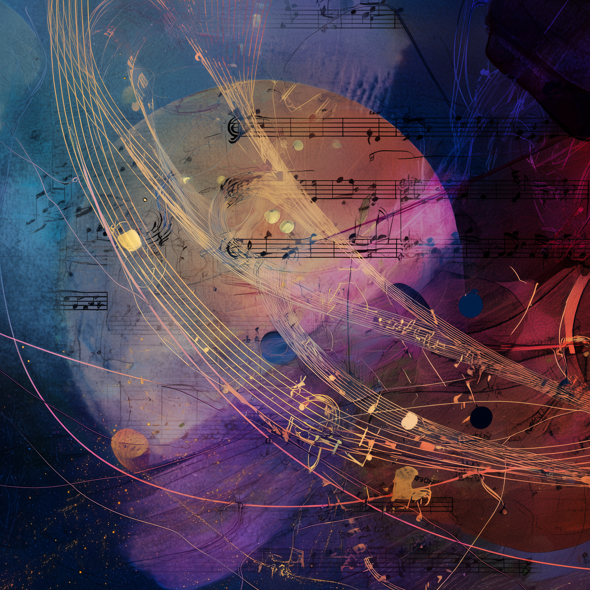 Abstract digital art featuring musical notes and sheet music with swirling lines and vibrant colors.