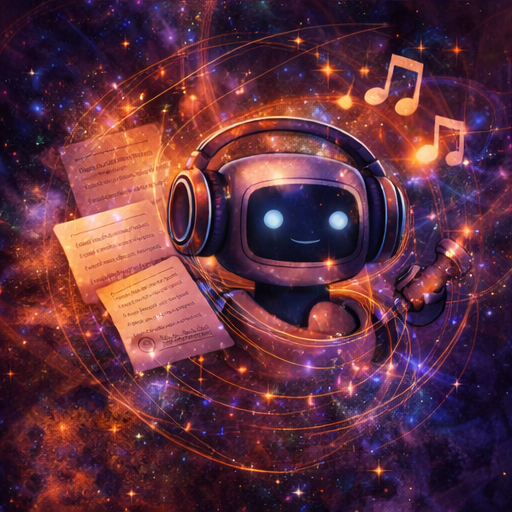 A cute robot with a smiling face and glowing blue eyes, surrounded by musical notes, floating in a cosmic, starry space background with vibrant colors.