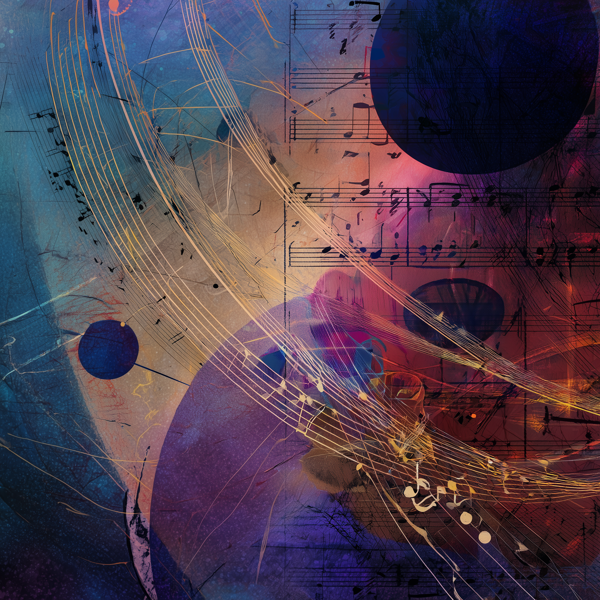 Abstract digital art featuring musical notes, sheet music, and swirling lines in vibrant colors like blue, purple, and red.