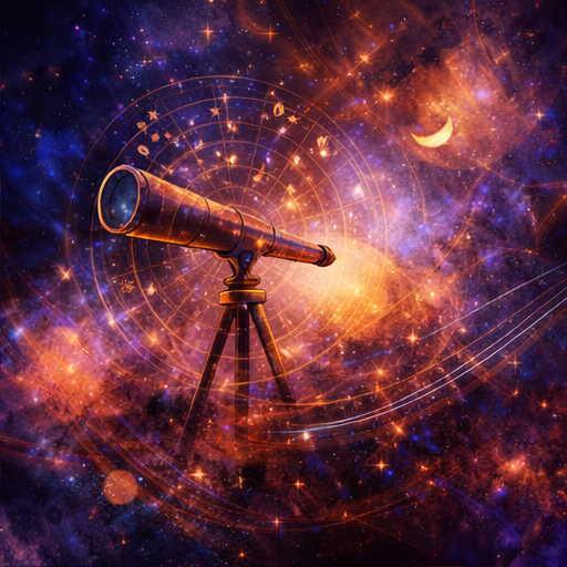 A telescope set against a vibrant cosmic background with stars, nebulae, and a crescent moon, creating a surreal outer space scene.