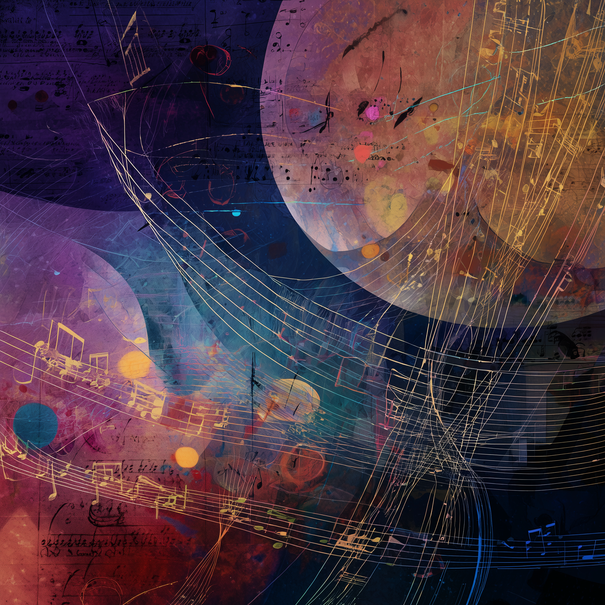 Abstract digital artwork blending musical notes, sheet music, and colorful shapes.