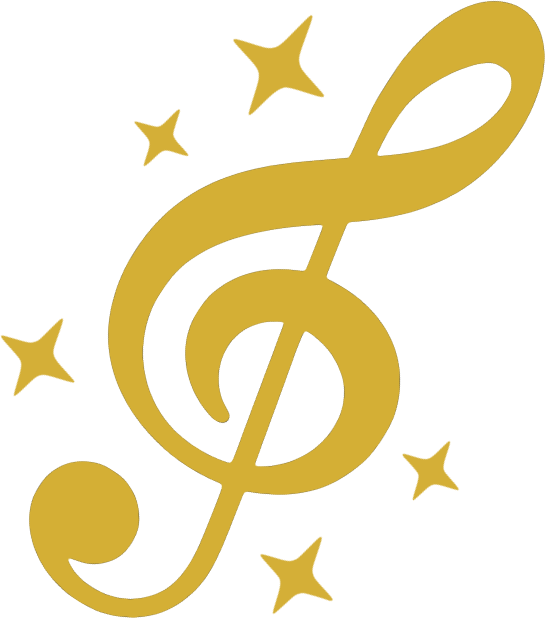 Gold musical treble clef surrounded by small stars.
