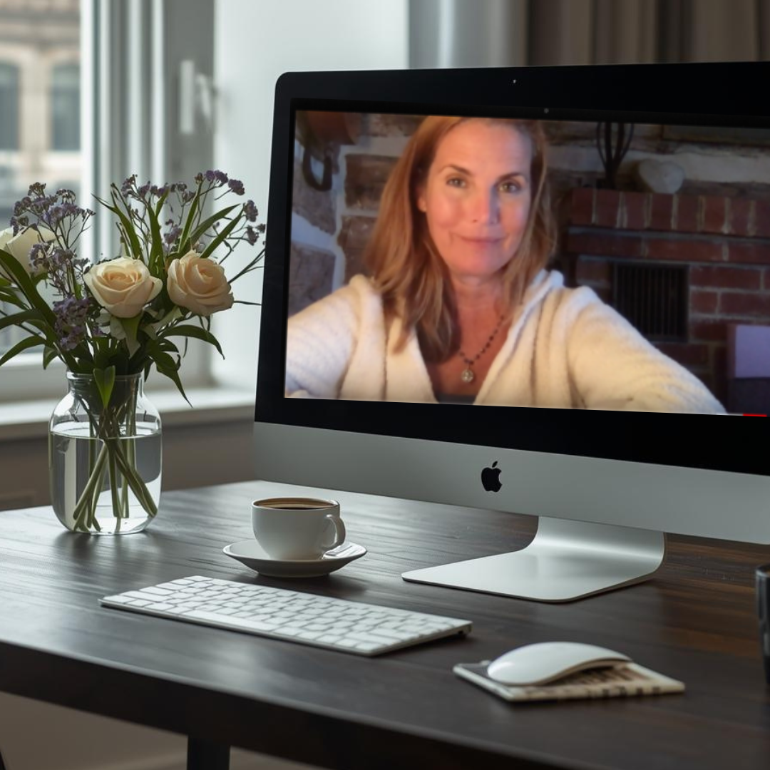 A woman with reddish hair on a computer screen taking a selfie, with a workspace that includes a vase of flowers, a cup of coffee, a keyboard, and a mouse.