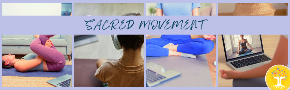 A collage of people practicing yoga, meditation, and online yoga classes with a purple banner reading 'Sacred Movement' and a sun and tree logo in the bottom right corner.