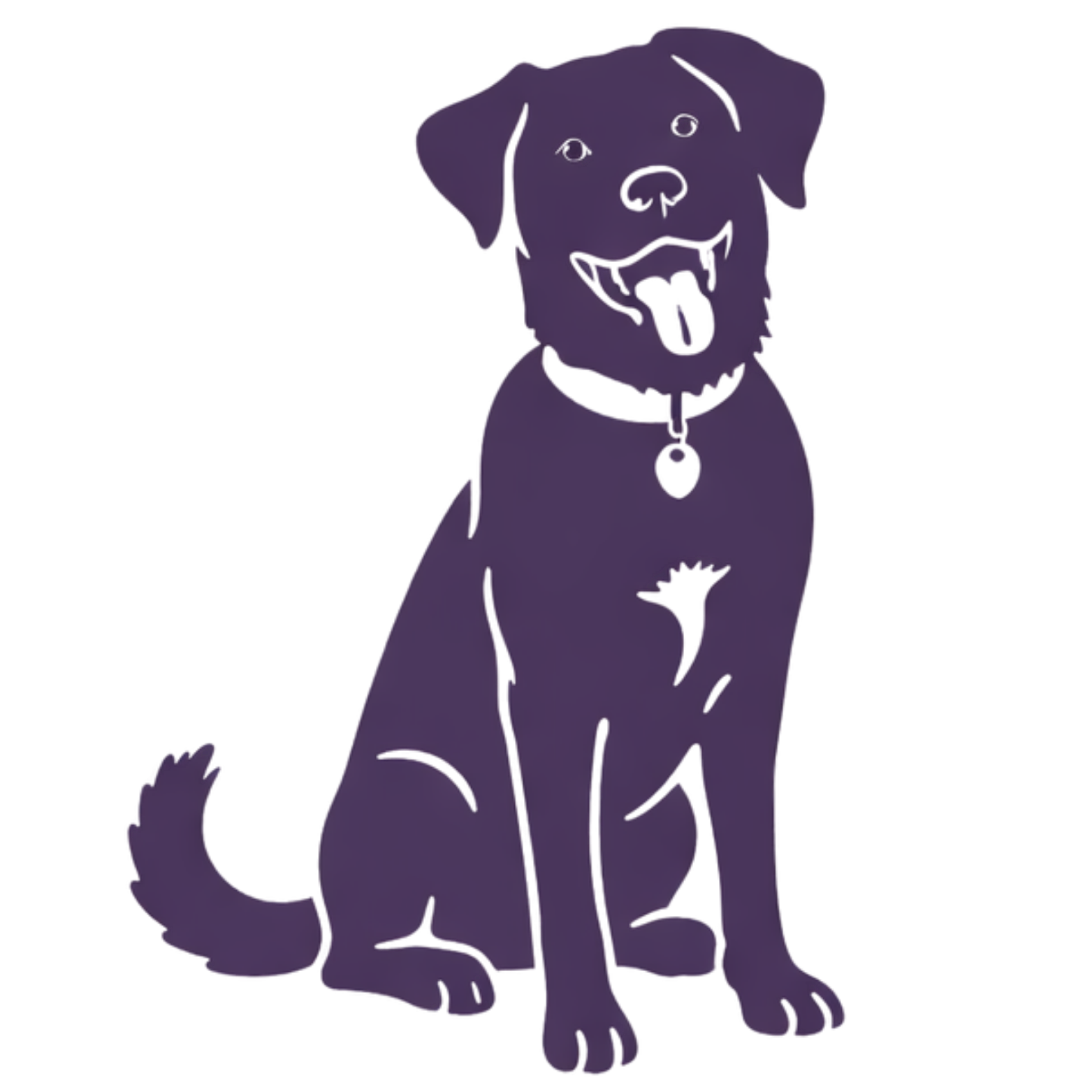A cartoon illustration of a happy Labrador retriever dog with its mouth open, tongue out, sitting down and wearing a black collar with a heart-shaped tag.