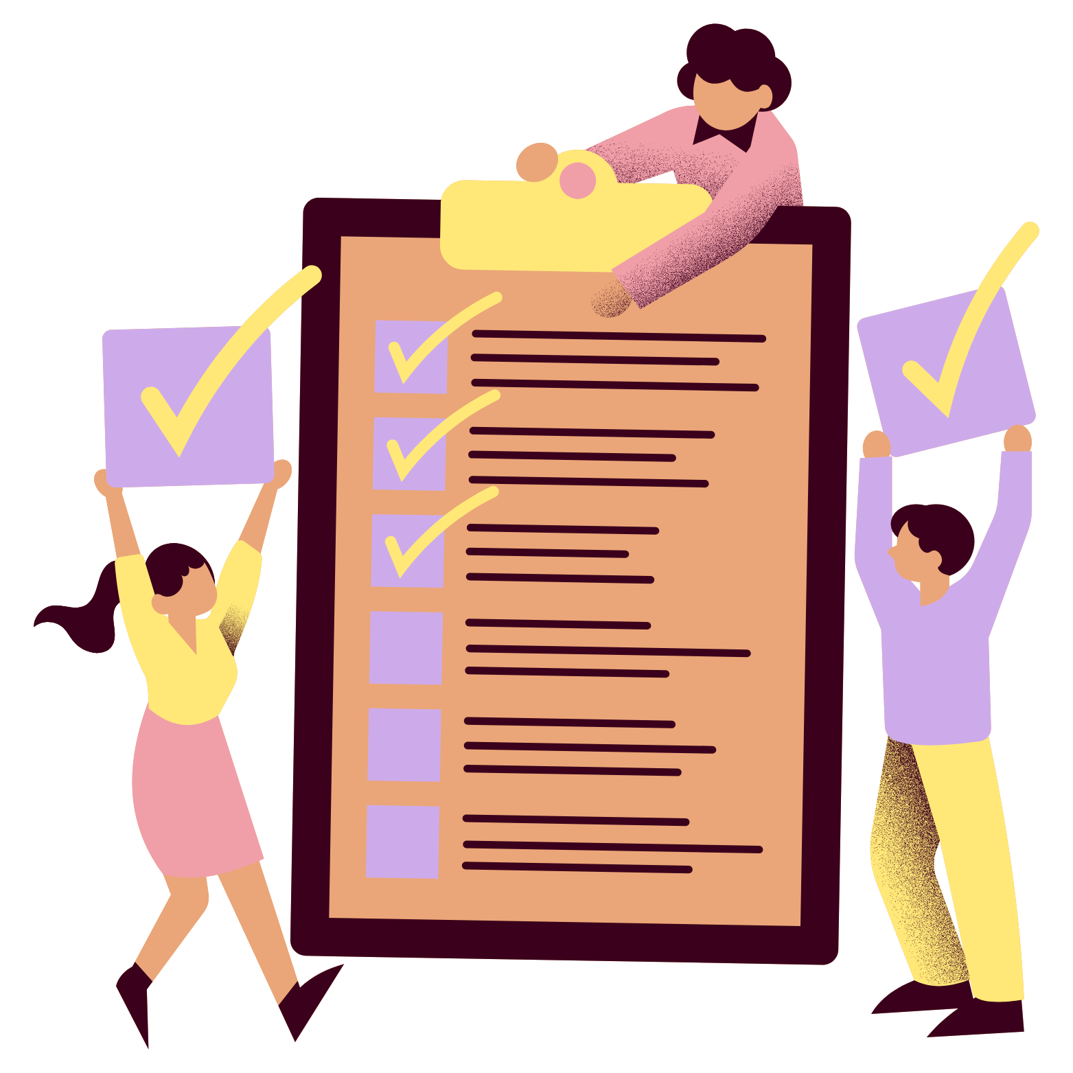 Illustration of three people celebrating a completed checklist on a large clipboard, with two raising checkmark signs and one using a magnifying glass.