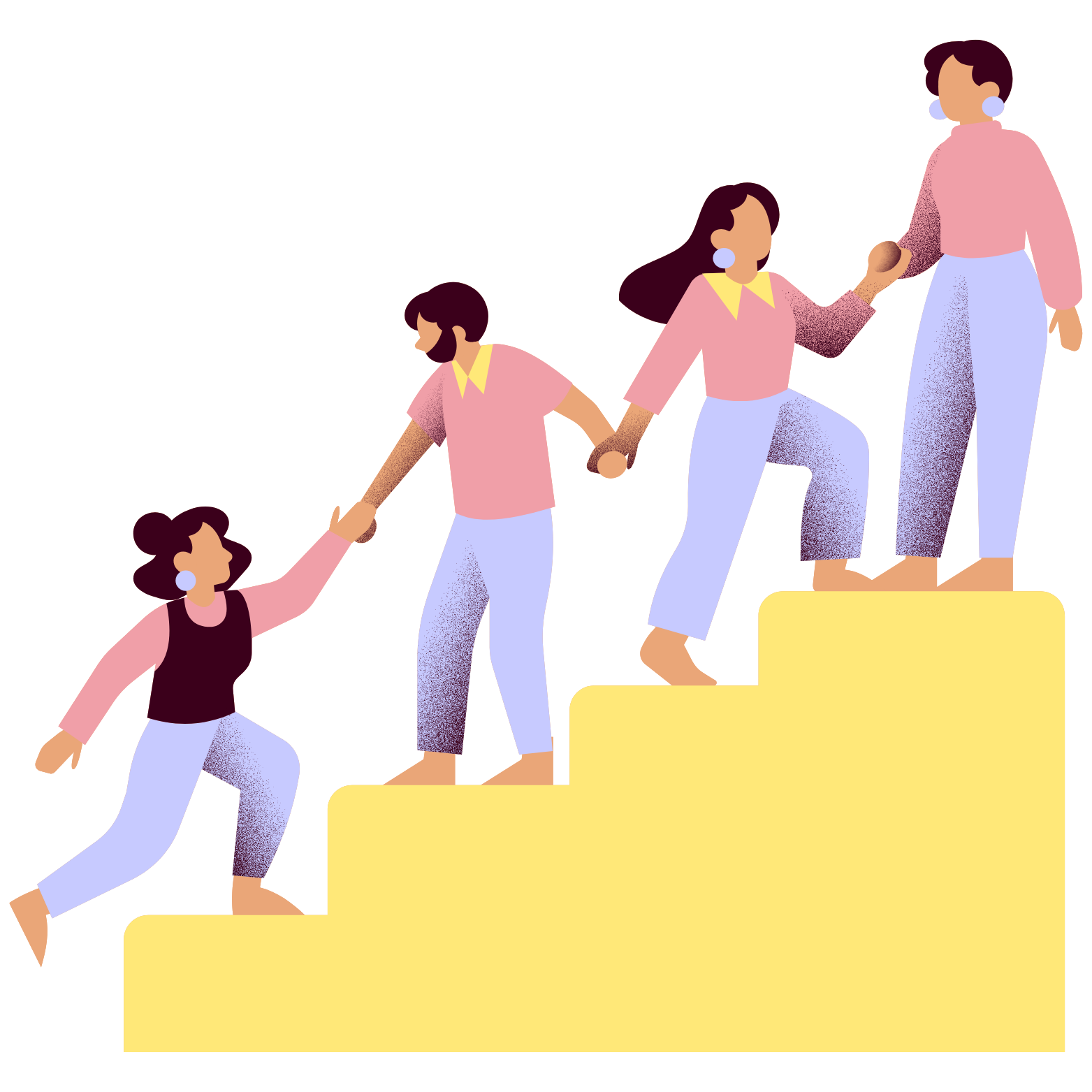 Illustration of five people helping each other climb a staircase, symbolizing teamwork and support.