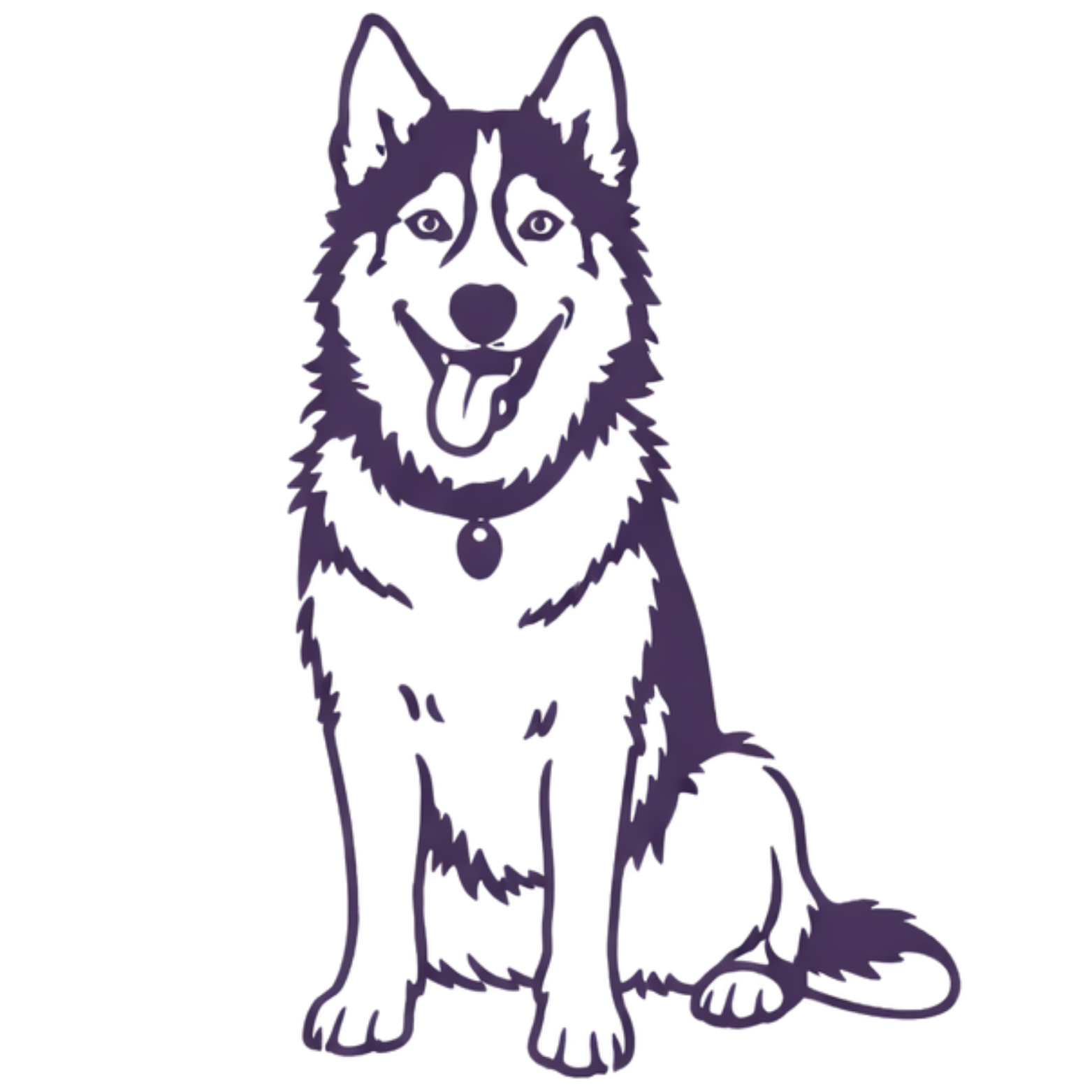 Outline of an adorable dog with a smiling face, sticking out its tongue, wearing a tag, and sitting with a long tail curved to the right.