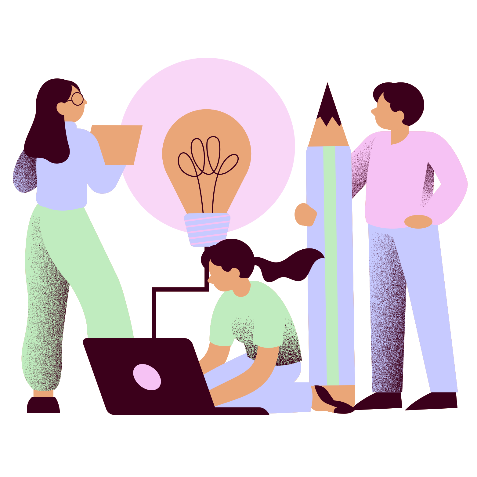 Illustration of four people working on a brainstorming project, with a large lightbulb and a small house in the background.